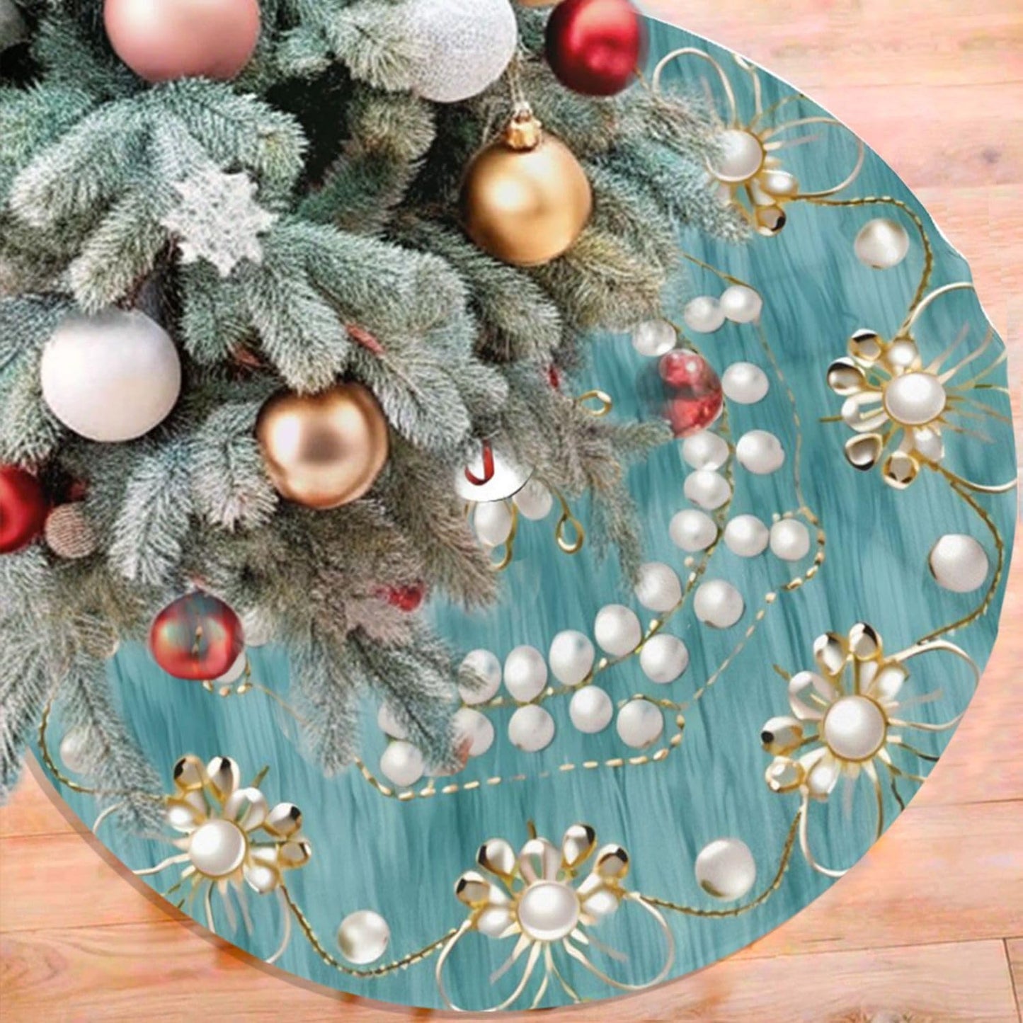 48" Large Christmas Tree Skirt, Elegant Circular Round Shape Turquoise Pattern Tree Mat Base Cover for Xmas Festive Holiday Party Decoration Ornaments