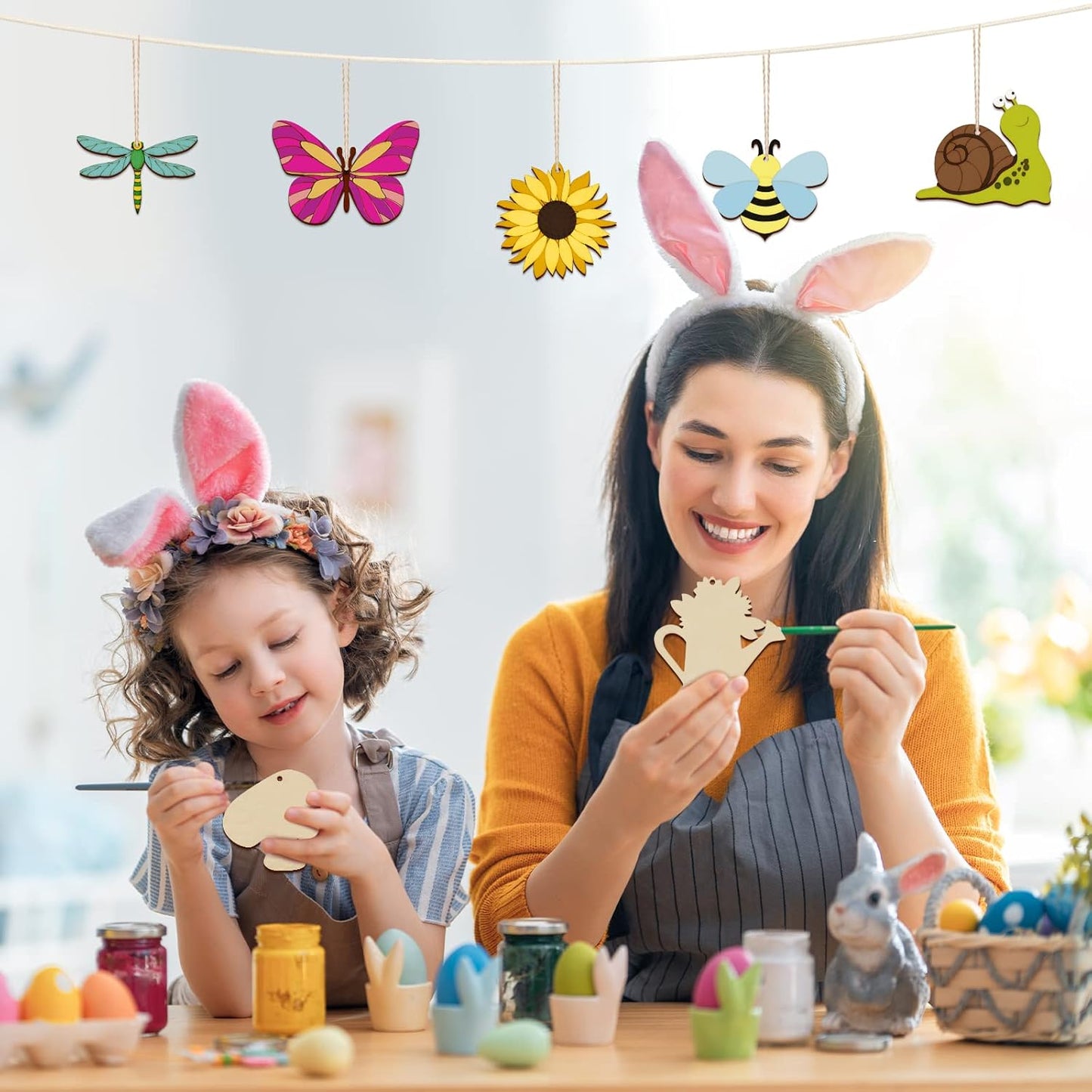 80PCS Wooden Spring Ornaments to Paint, 8 Styles DIY Blank Unfinished Wood Cutouts Ornament for Home Crafts Hanging Decorations, Insect Dragonfly Butterfly Snail Watering Can Mushroom Flower Shape