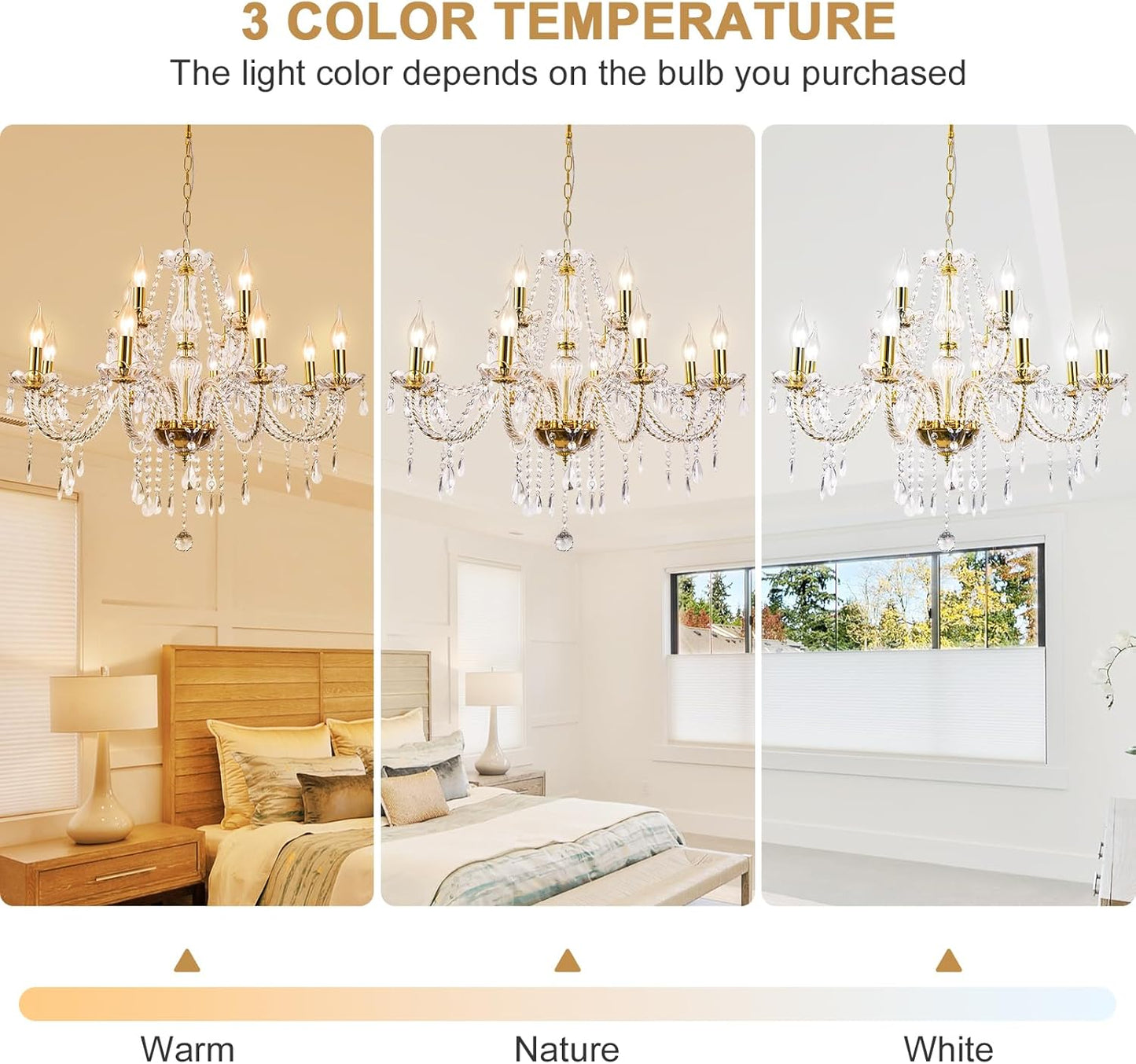 Modern Elegant 15 Lights K9 Crystal Glass Chandelier Golden Pendant Ceiling Lighting European Style for Dining Living Room Bedroom Transparent,15 E12 Bulbs Required