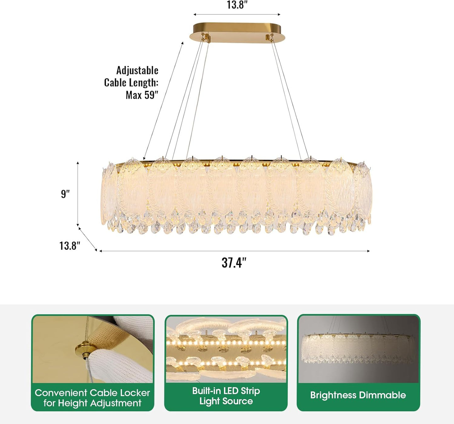 Gold Rectangle Modern Chandeliers for Dining Room Light Fixture, Water Ripple Crystal Glass LED Chandelier for Kitchen Island Bar Living Room, 2700K-6000K