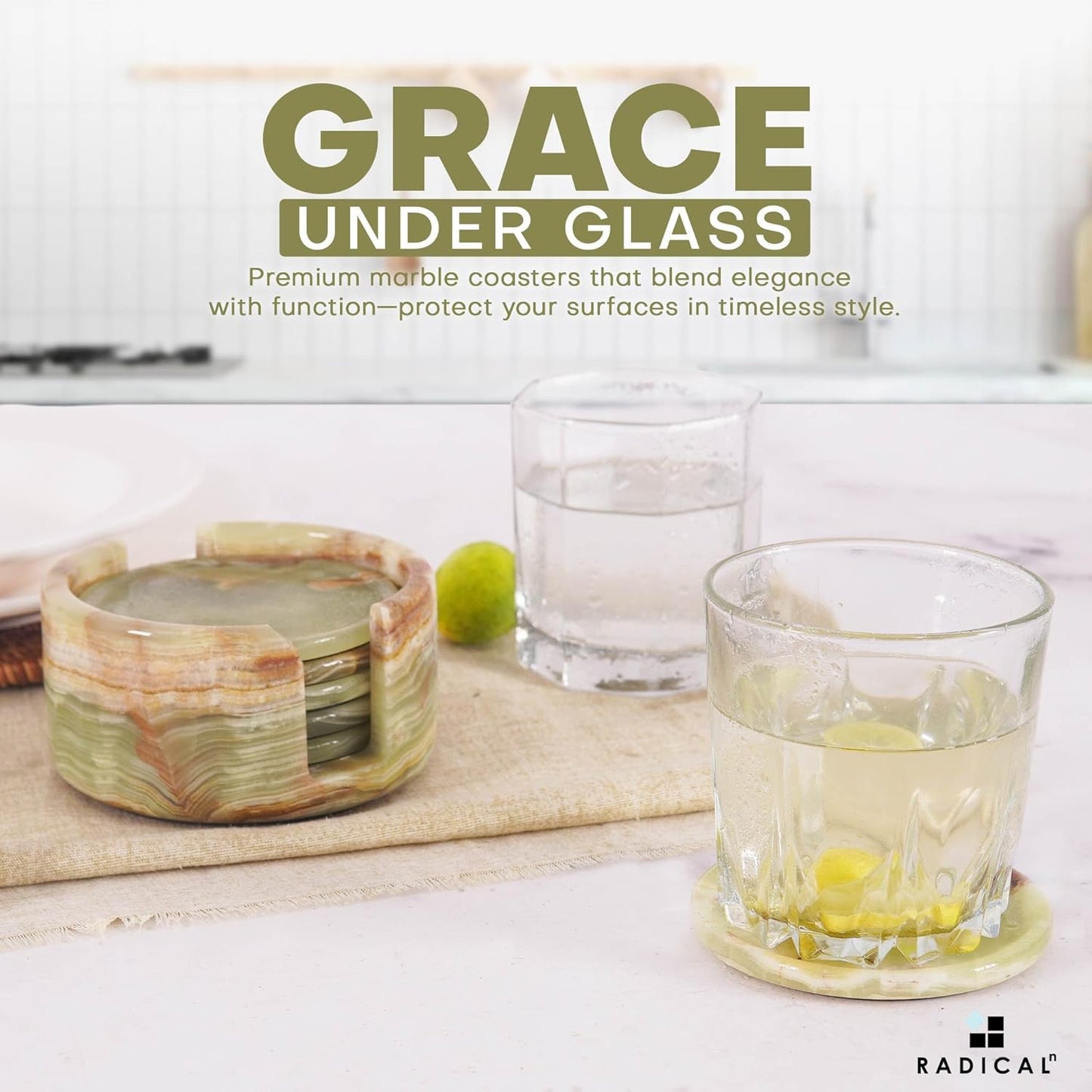 Marble Coasters Set of 6 Green Onyx 3.5 Inch Round Coaster for Drinks with Holder, Drink Coaster for Tabletop & Coffee Table Decor, Ideal Home Decor House Warming Gifts