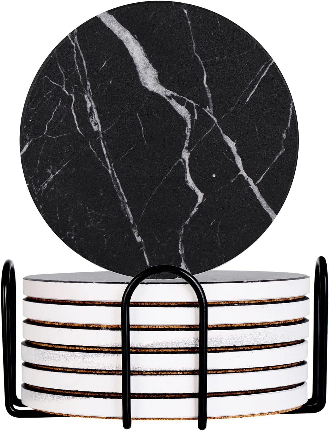 Drink Coasters with Holder Absorbent Ceramic Coasters Set of 6 Black Marble Style, 4 Inches Suitable for Kinds of Cups and Outdoor Picnic