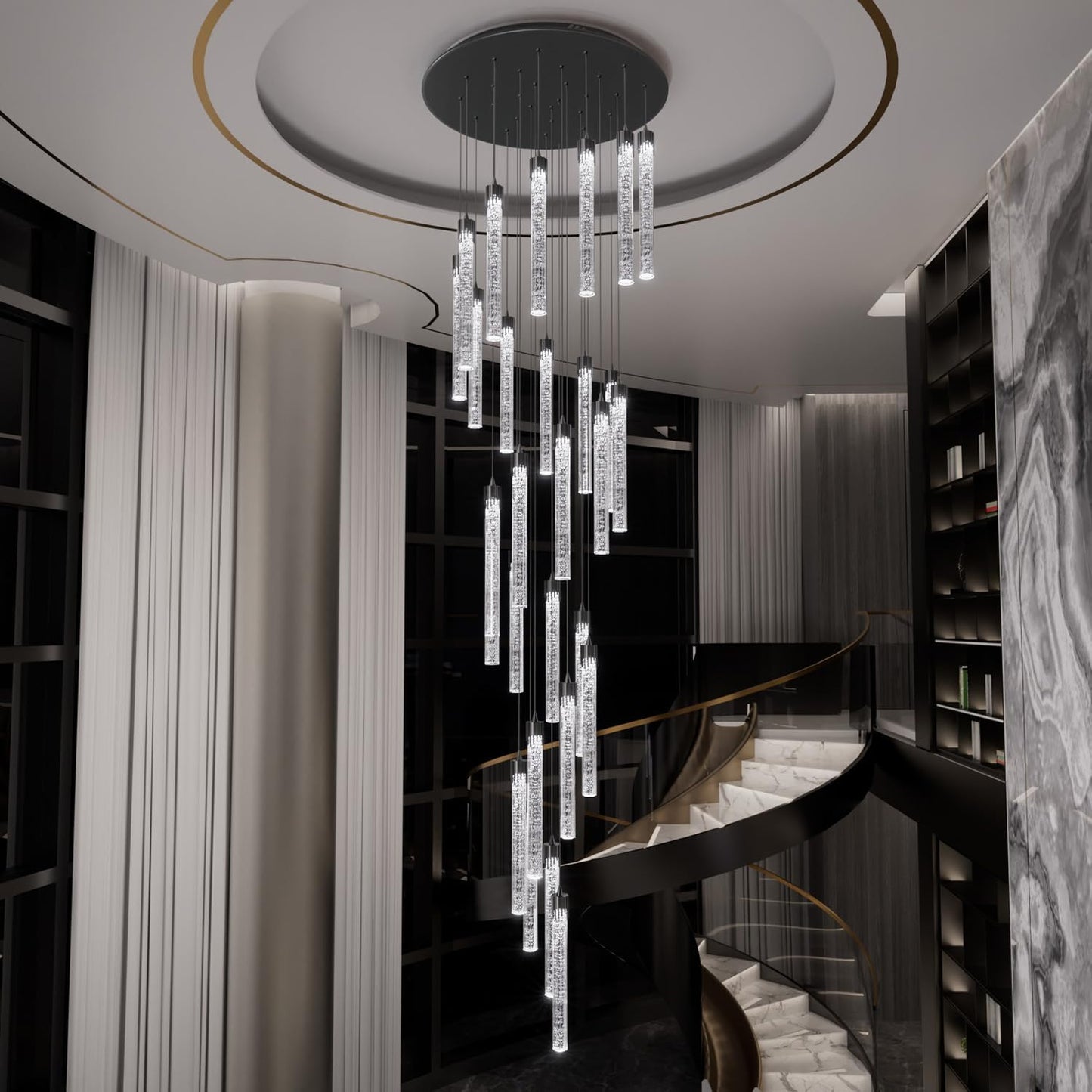 H150'' Modern Chandelier Modern Led Chandeliers Foyer Chandelier Stairs Large Chandelier Adjustable Black Chandeliers Pendant Lighting Fixture Hanging Ceiling Light