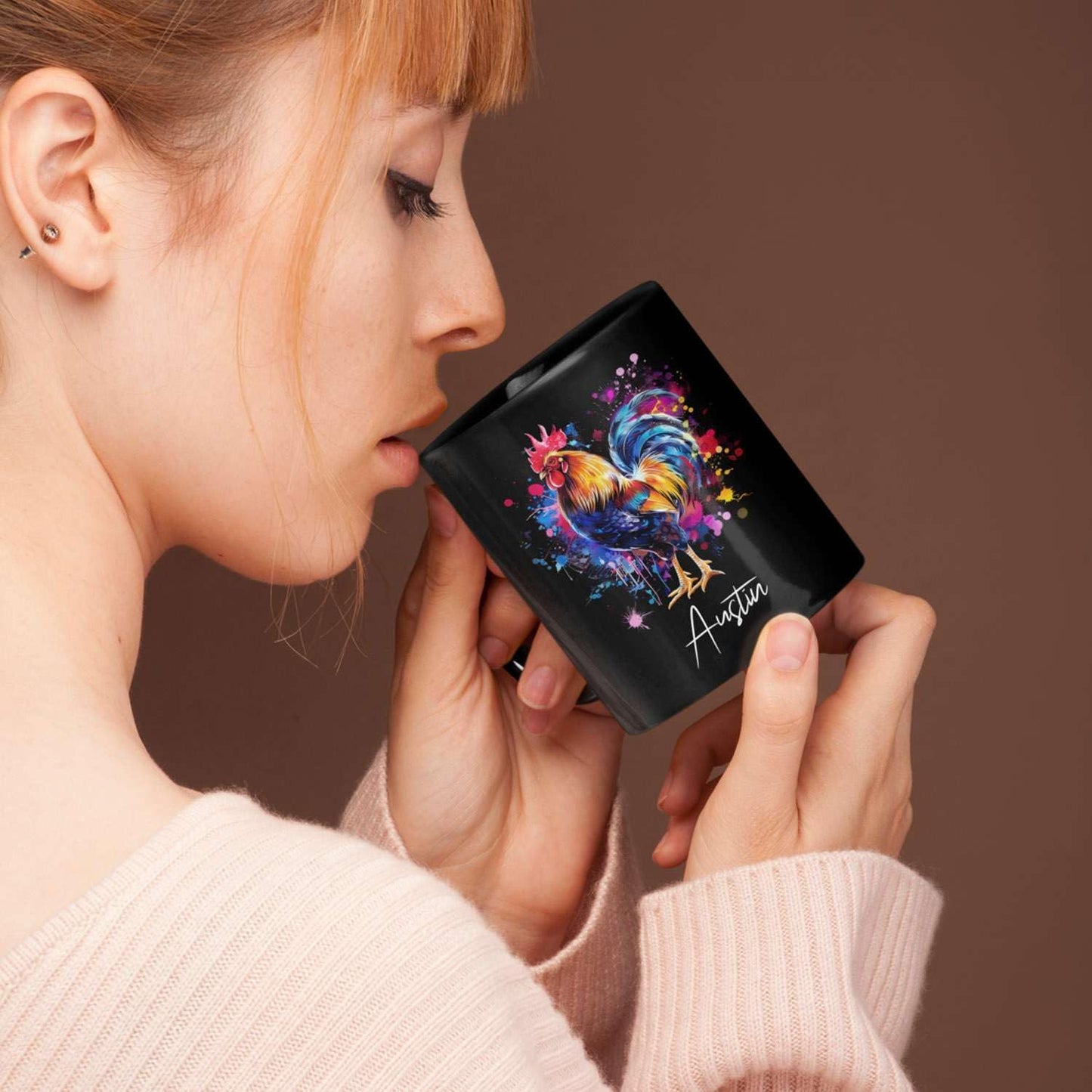 Customized Name Rooster Coffee Mug - Gift for Men Women, Personalized Black Cup, Unique Chicken Ceramic 11oz 15oz, Funny Colorful Themed