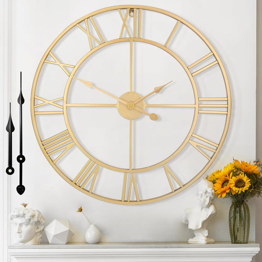 Large Wall Clock - 40cm/ 16 Inches Silent Non-Ticking, Battery Operated, Gold Vintage Decorative Modern Metal Wall Clocks for Living Room, Bedroom, Office, Farmhouse Decor
