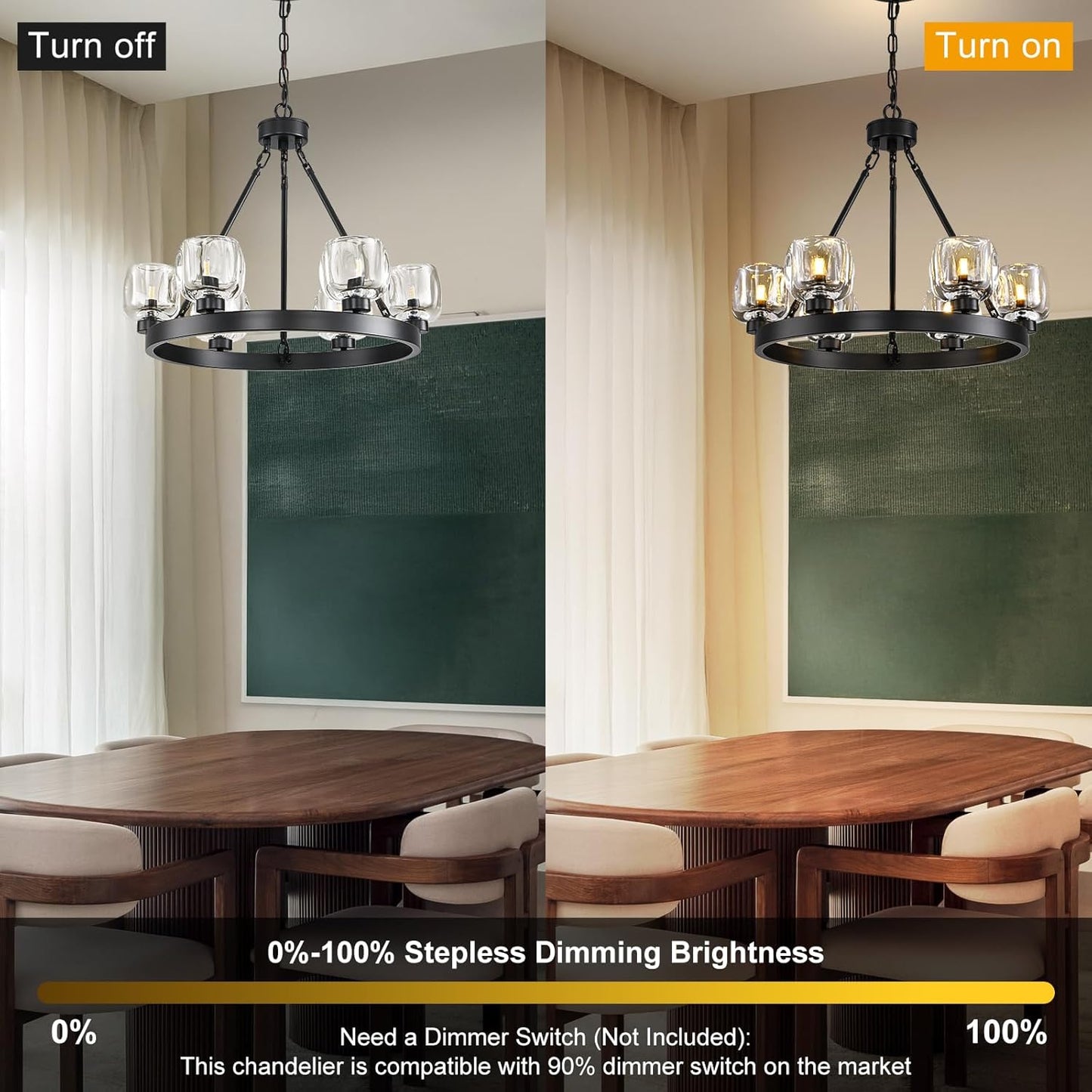 Black Wagon Wheel Chandelier, 24 Inch Black Chandeliers with Unique Glass Shade, 6-Light Crystal Farmhouse Wagon Wheel Chandeliers for Dining Room, Round Chandelier for Living Room, Foyer, Entryway