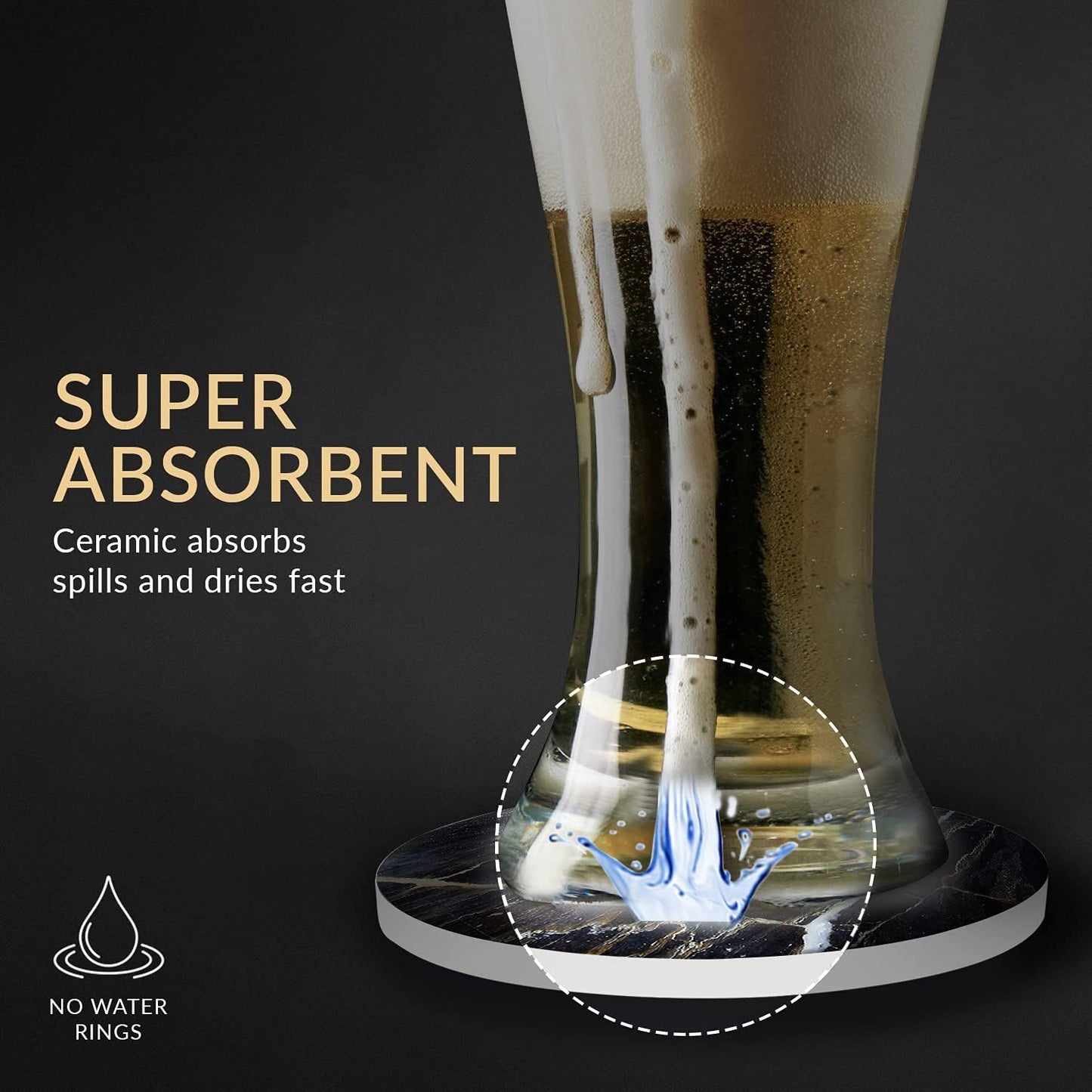 Emerson Coasters for Drinks Absorbent – Natural Stone Drink Coasters Set with Holder, Coasters for Coffee Table, Wooden Tabletop Protection Marble Style – 100% Heavy Duty Set of 6 (Thunder)