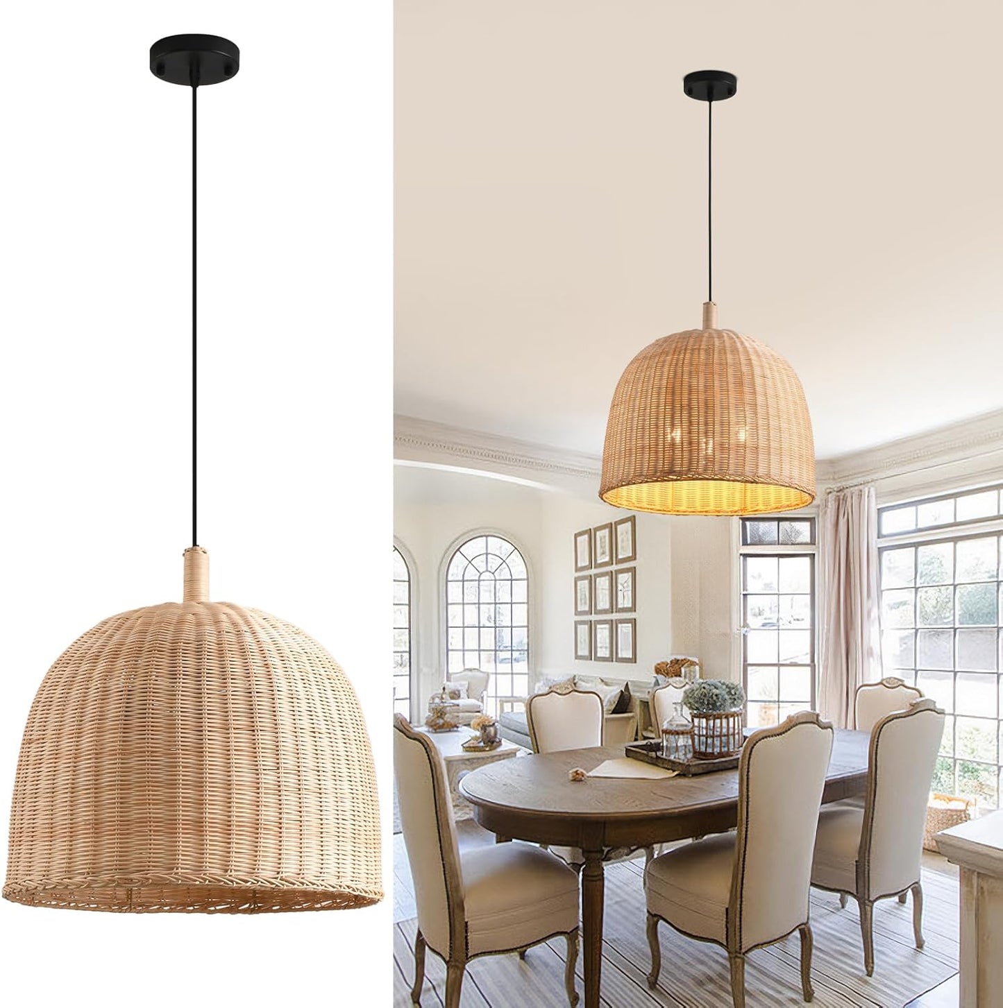 3-Light Rattan Pendant Light,17.7" Boho Pendant Light Wicker Hanging Light,Hand-Woven Rattan Chandelier for Dining Living Bedroom Kitchen Farmhouse