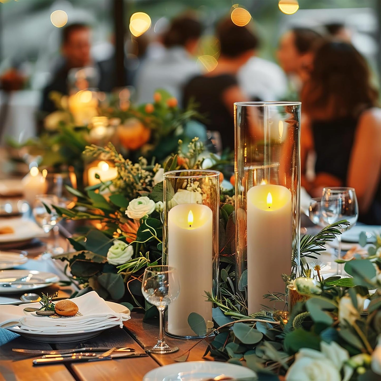 5plots 9" x 3" Flickering Flameless Candles - Battery Operated Wax LED Candles - Amber Yellow Light with Remote and Timers Set of 2, Ivory, for Home Decor, Candle Sconces