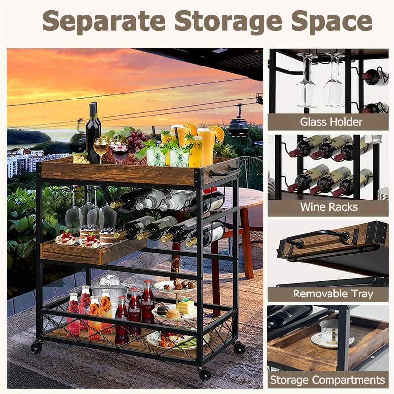 Vintage Bar Cart with Removable Tray and Wheels, Mobile Home Bar Serving Cart with Wine Rack, Glass Holder and Storage Shelves, 3-Tier Rolling Beverage Cart for Home or Patio