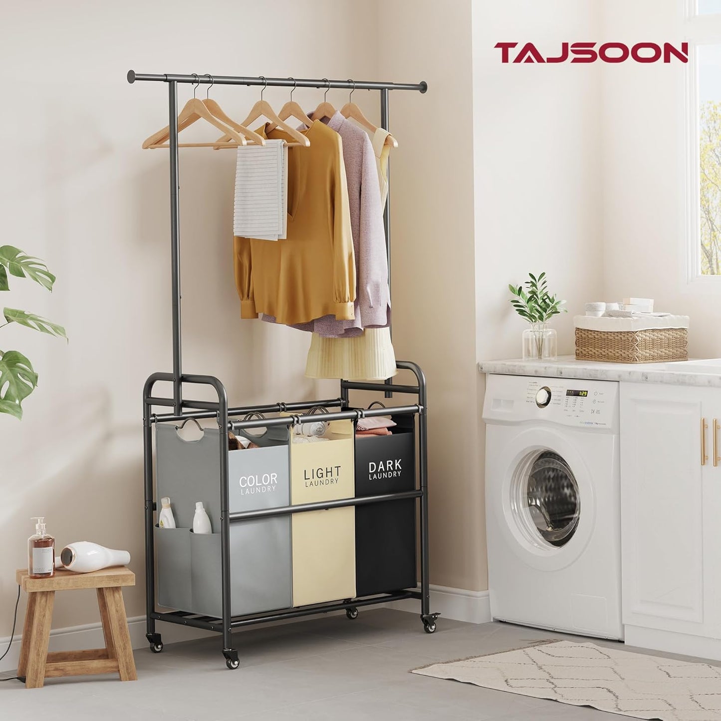 Tajsoon Laundry Sorter Cart with Hanging Clothes Rack, 3 Butler Sorter Basket Organizer, Laundry Hamper Cart with Heavy Duty Rolling Lockable Wheels, 3 Colors