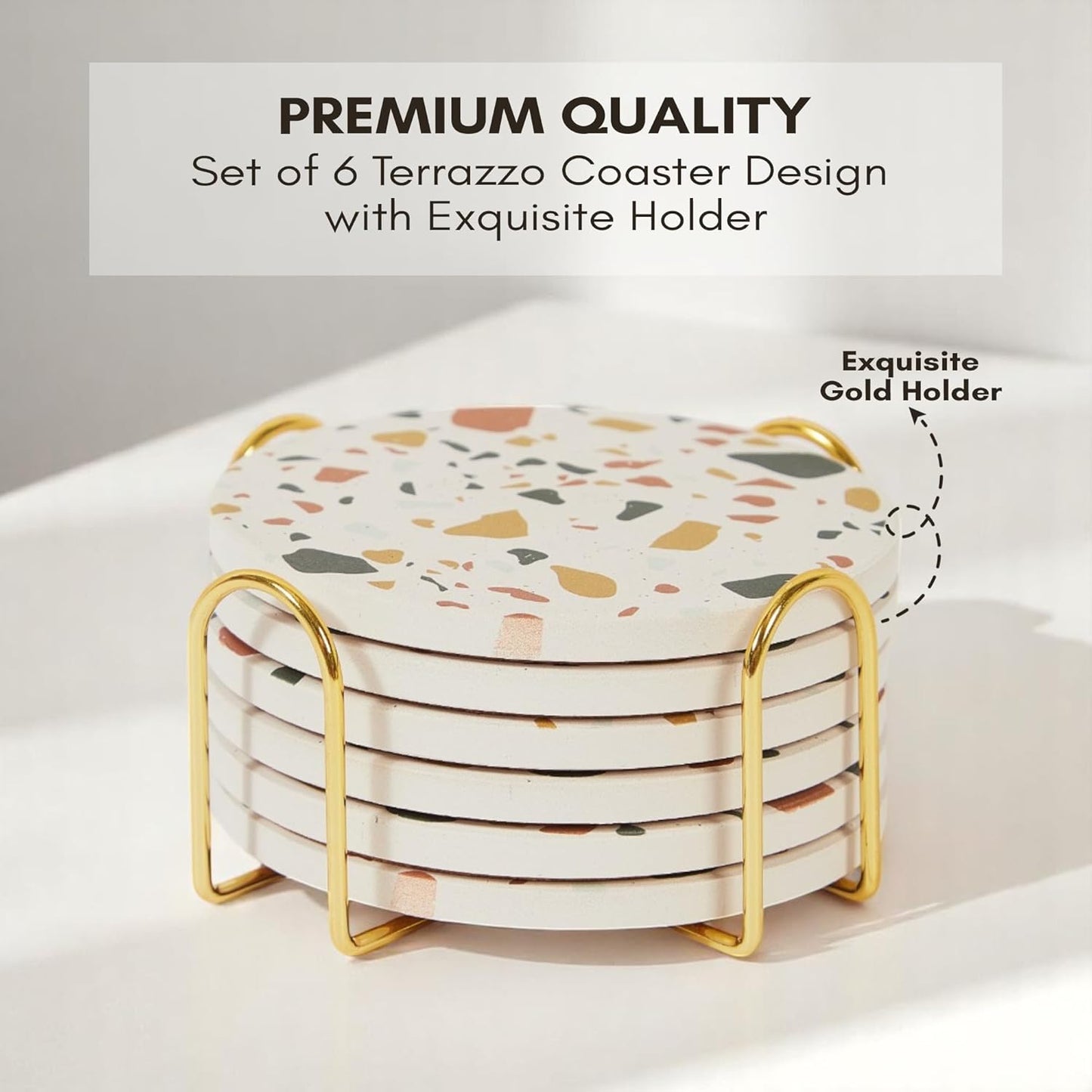 Terrazzo Drink Absorbent Coasters with Holder Set of 6, Ceramic Coaster for Drinks, Coffee Table Decor, Water Absorbing Stone Coaster for Drinks (Sunset)