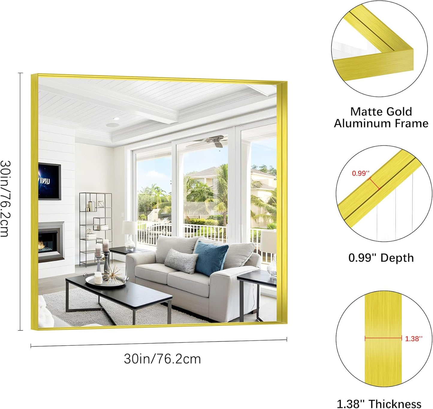 Gold Bathroom Mirror, 30x30 Inch Rectangular Framed Mirror, Large Wall Mounted Bathroom Vanity Mirror Over Sink for Bedroom,Restroom, Living Room, Hangs Vertically or Horizontally