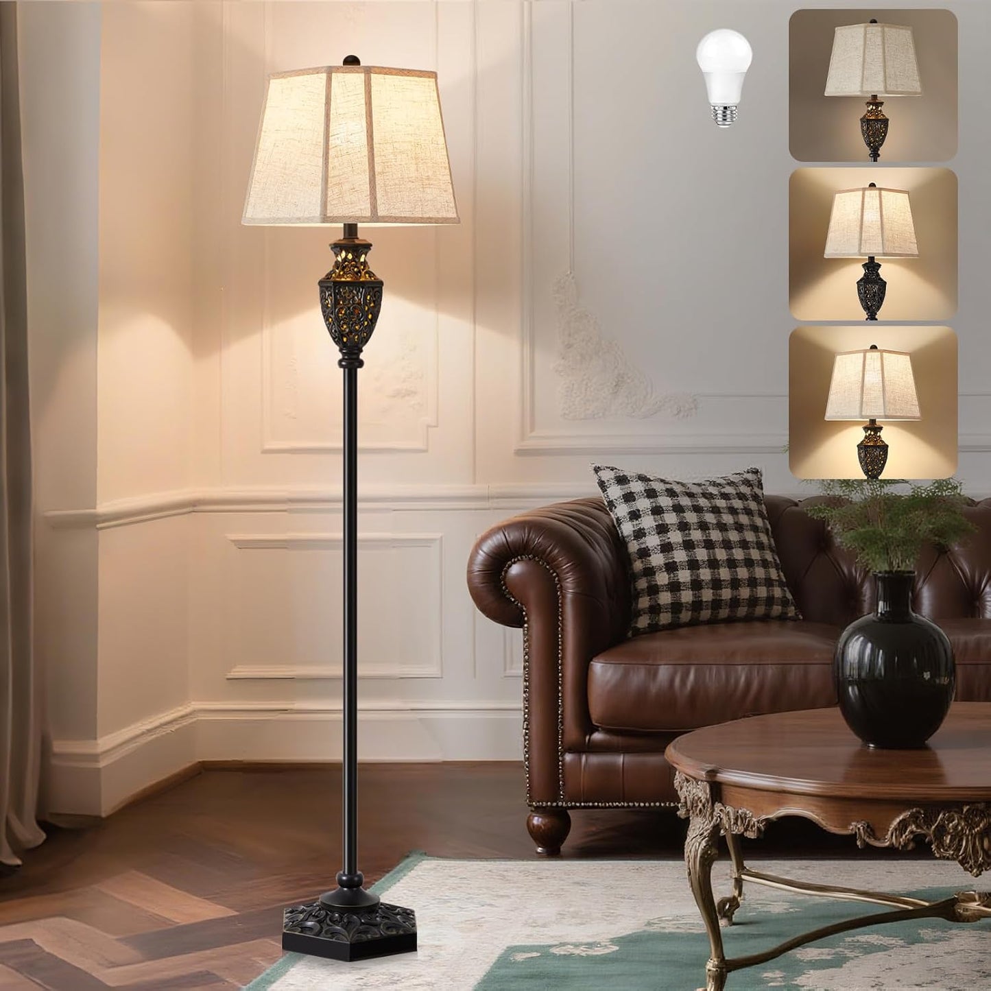 Luvkczc Vintage Black Floor Lamp - Hand-Painted Gold Resin with 6-Sided Carved Hollow Nightlight, Traditional Standing Lamp for Living Room, Bedroom, Study (Bulb Included)