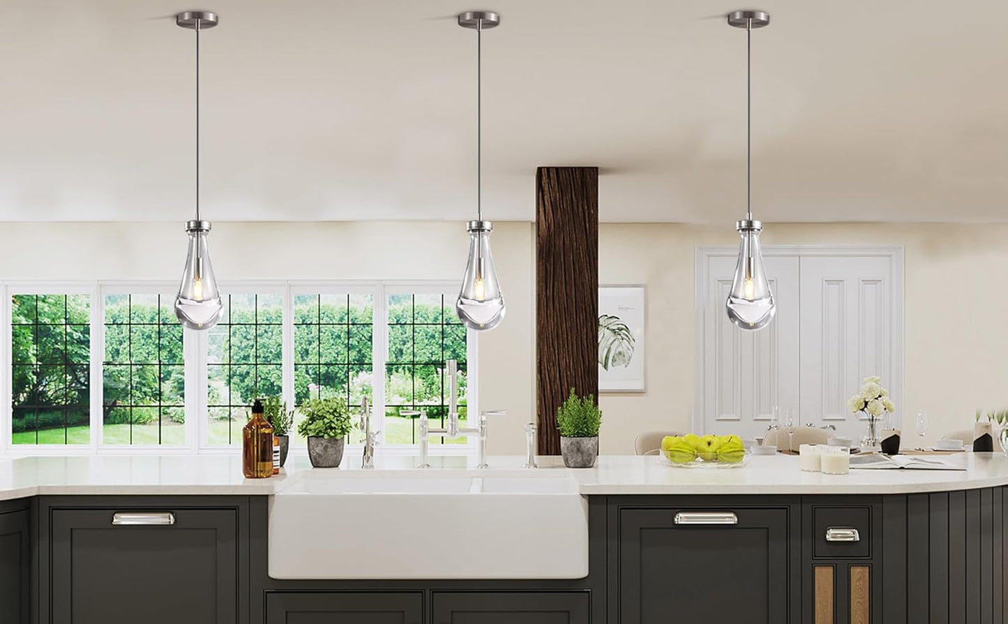 Raindrop Pendant Lights Set of 3, Modern Pendant Lights Kitchen Island 3 Pack, Brushed Nickel Island Light, Pendant Light for Bedroom Bathroom, Chandelier for Living Room Hallway