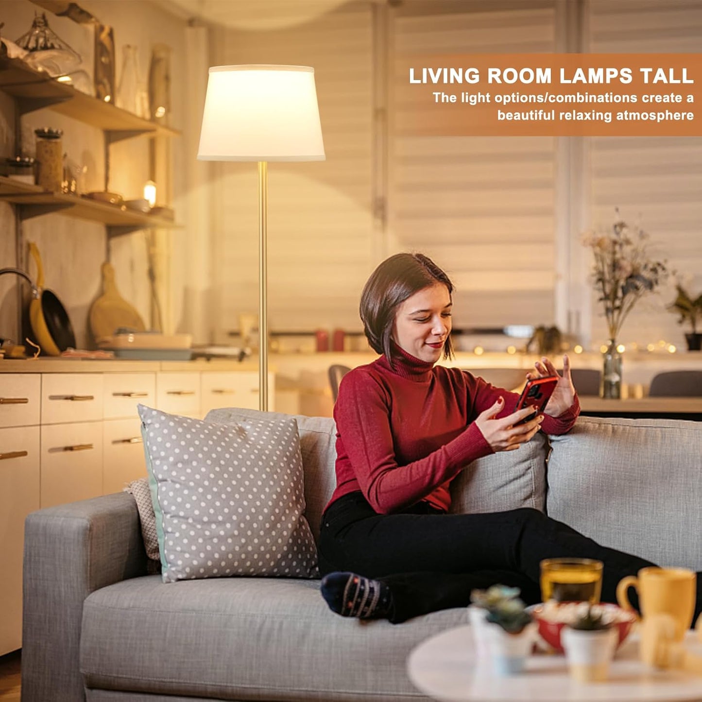 Floor Lamps for Living Room - Modern Gold Floor Lamp with Remote Control, Dimmable Colors Temperature Standing Lamp with LED Bulbs, Tall Lamp for Bedroom Office Kid Room - Brass Gold