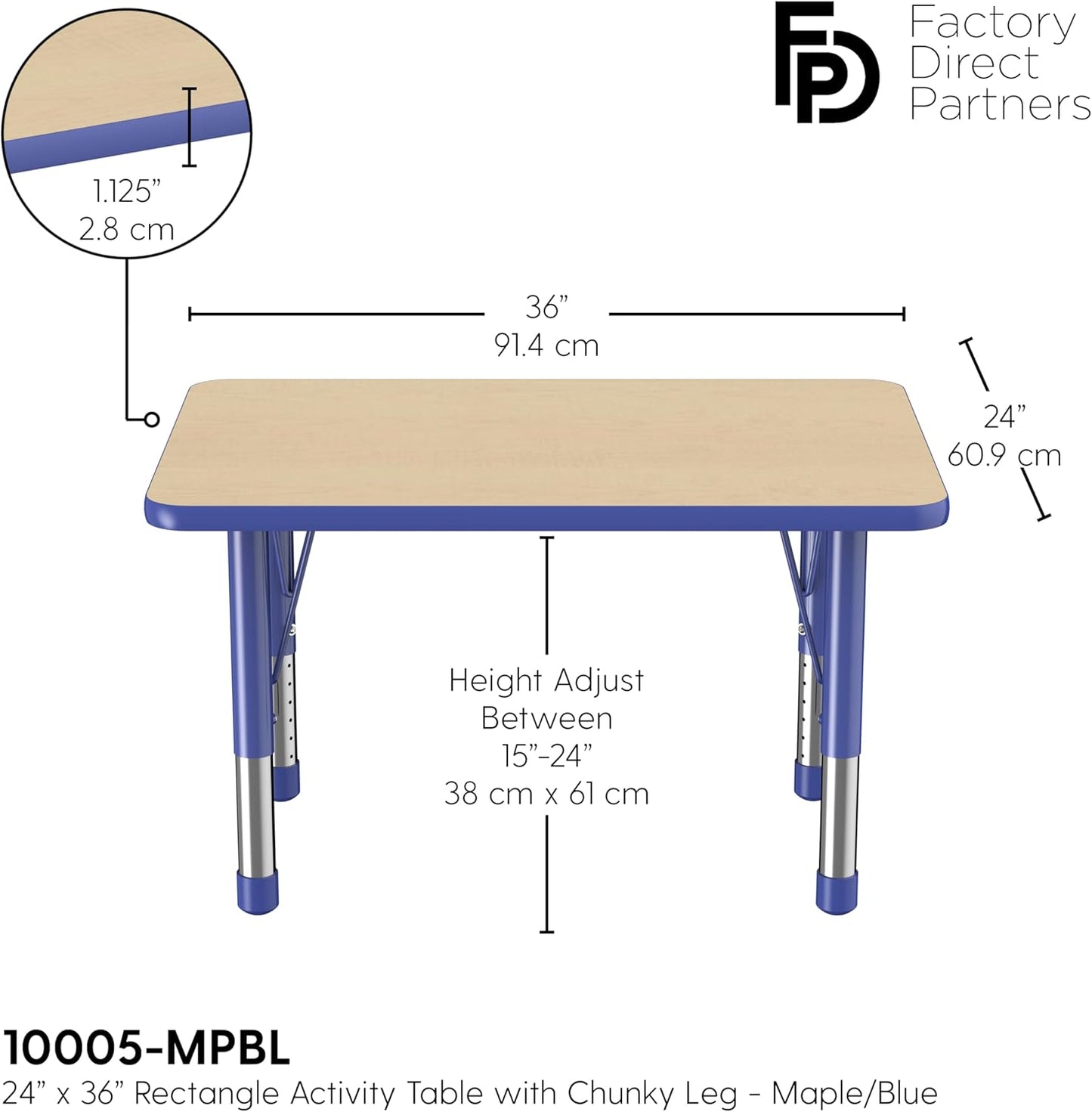 FDP Rectangle Activity School and Classroom Kids Table (24 x 36 inch), Chunky Toddler Leg, Adjustable Height 15-24 inches - Maple Top and Blue Edge