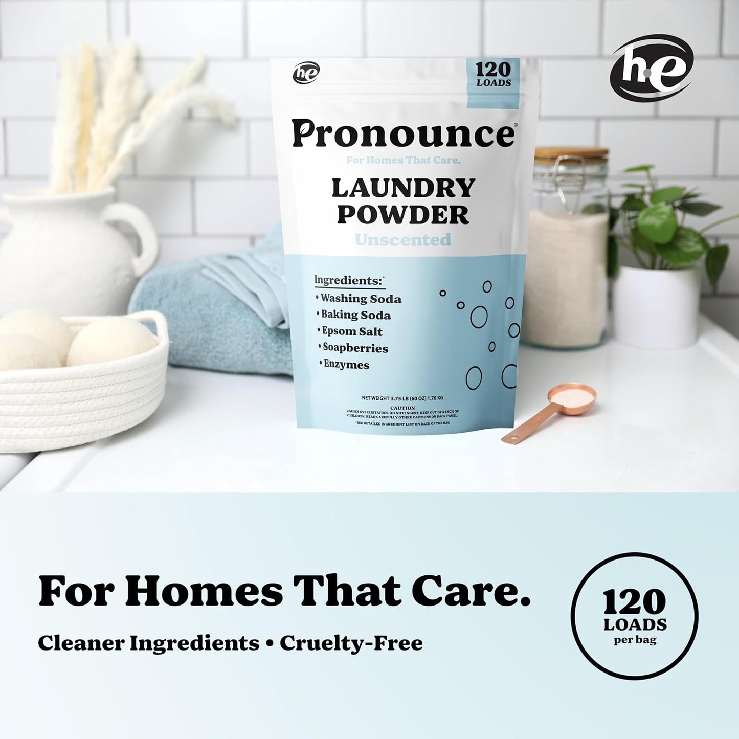 Pronounce Laundry Detergent Powder Alternative | Earth-Derived Ingredients, Eco-Friendly, Safer for Sensitive Skin, Eczema, and Babies. Stain + Smell Fighting. HE Safe (Unscented, 120 Loads)