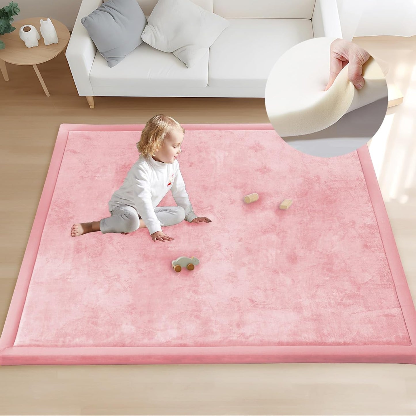 ACOMOPACK Baby Play Mat for Floor 1.3" Thick Memory Foam 50x50 Soft Velvet Playpen Mat for Kids,Infants,Toddlers,Tummy Time Crawling Mats with Non-Slip Bottom,Yoga,Tatami,Nursery Rug（Pink）