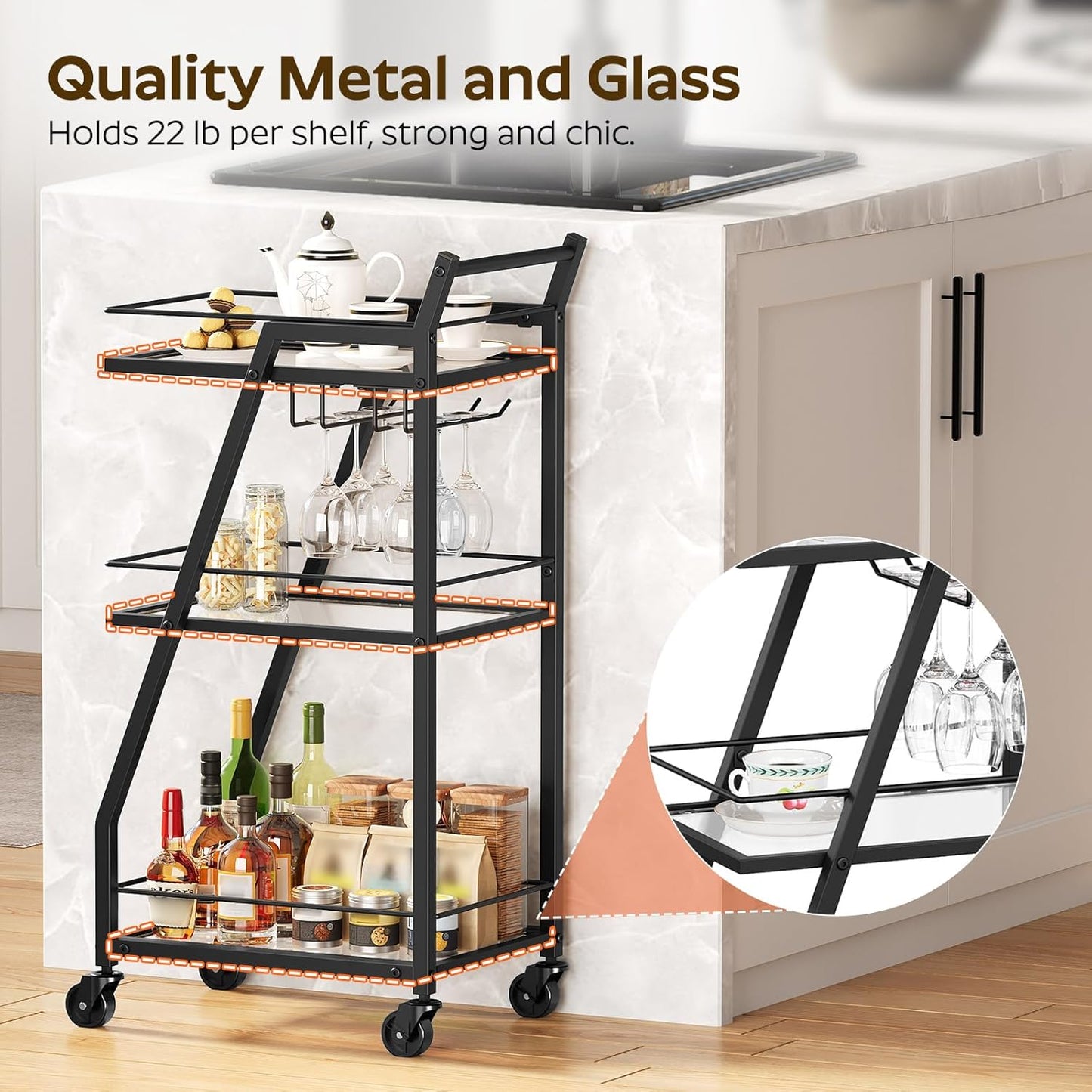 Bar Cart, 3-Tier Bar Cart for The Home, Home Bar Serving Cart with Glass Holders, Beverage Cart for Kitchen, Dining, Party Room, Black BC03BK