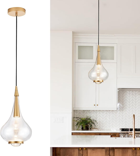 1-Light Teardrop Pendant Light, Brass Gold Ceiling Hanging Light Fxitures, LED Light Fixtures Ceiling Glass Pendant Lighting for Kitchen Island Dining Room Bar