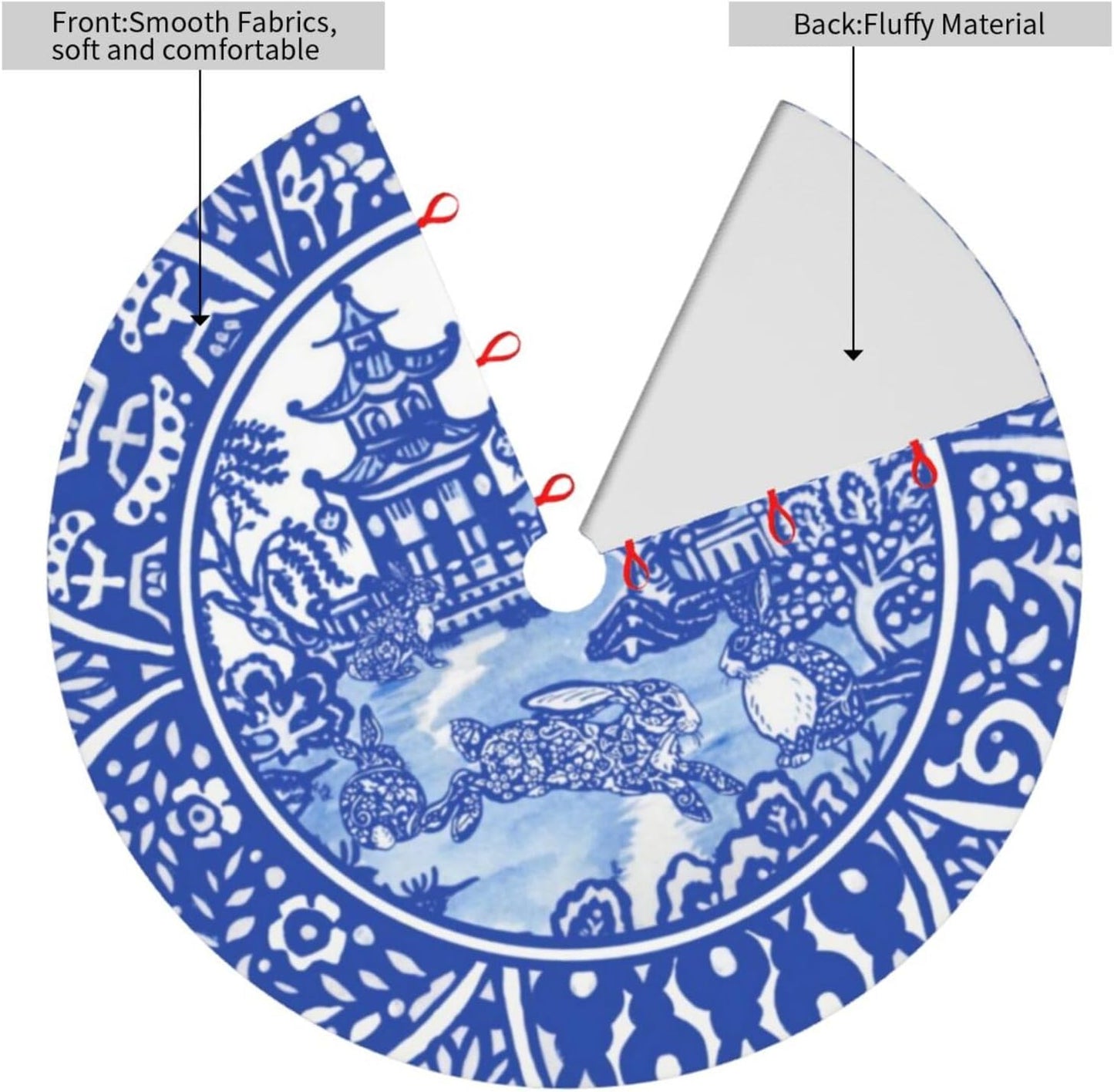 48" Large Christmas Tree Skirt Blue Oriental Rabbit Whimsical Pattern Tree Mat Base Cover for Xmas Festive Holiday Party Decoration Ornaments