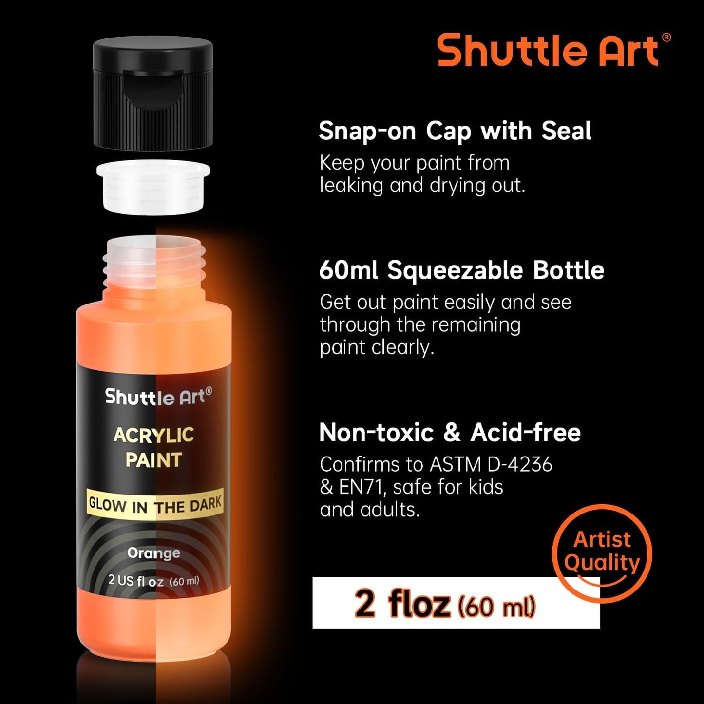 Shuttle Art Glow in the Dark Paint, 12 Colors with UV Light, 2oz/60ml Bottles, Ideal for Art Painting and Crafts, Great for Artists, Beginners on Rocks, Wood, Canvas, Fabric, and Halloween Decorations