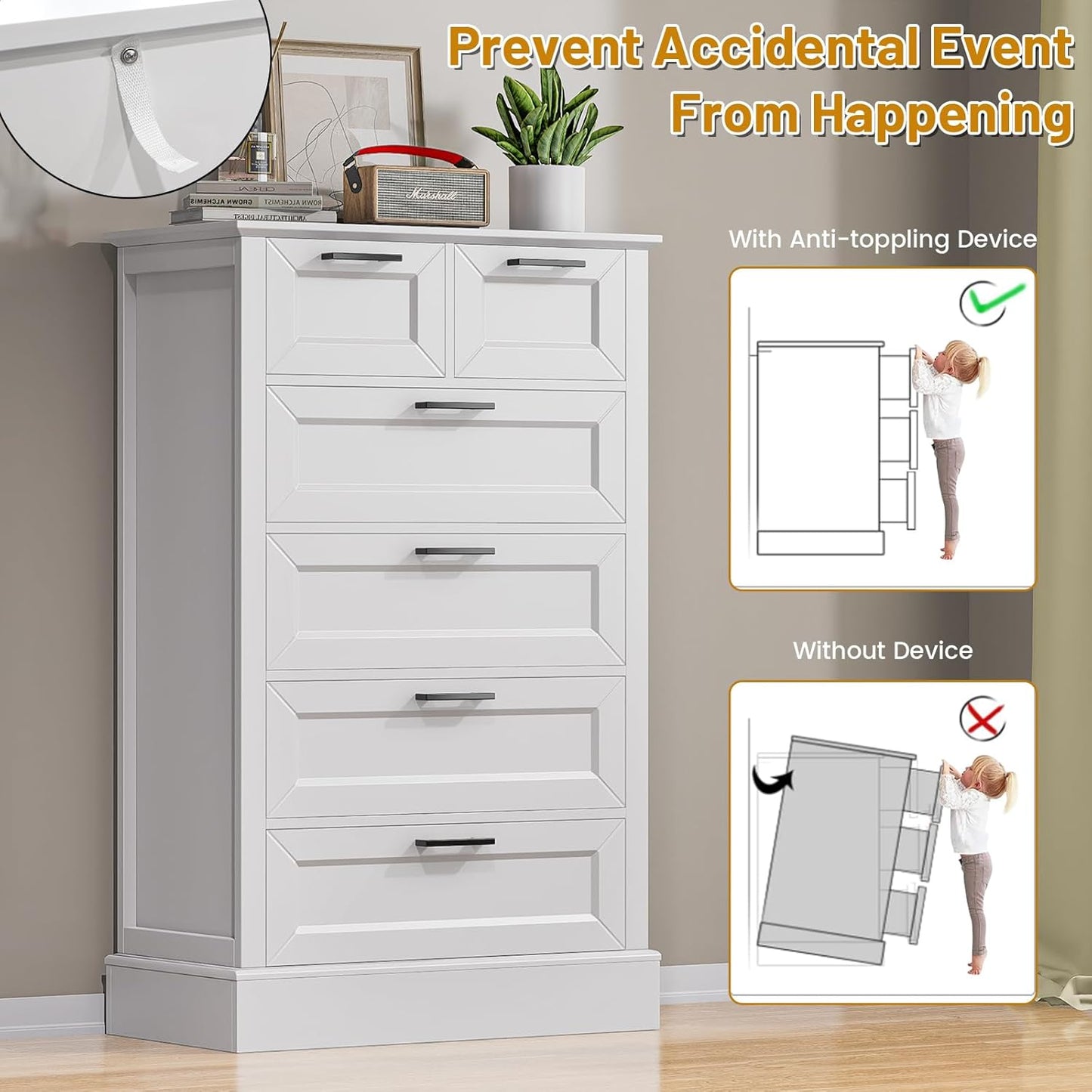 Odeekea White Dresser with 6 Drawers, Vertical Tall Dresser for Bedroom, Chest of Drawers for Nursery, Wood Closet Drawers for Hallway, Living Room, Entryway, 47” Tall Modern Farmhouse Style