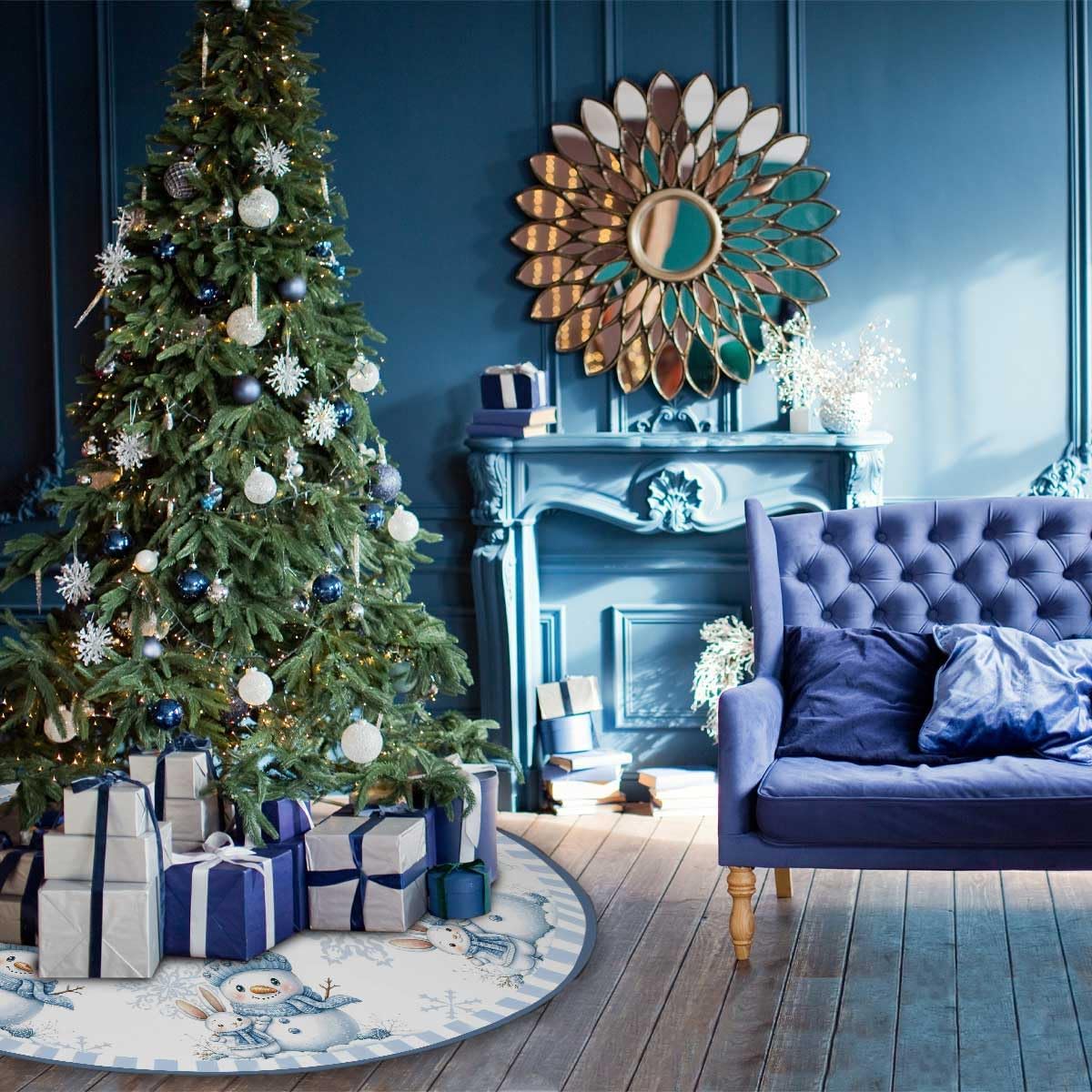 Christmas Tree Skirt 36 inches Blue Snowman Christmas Tree Skirt Mat Farmhouse Xmas Ornaments Decorations for Christmas Holiday Party (Blue, 36in)