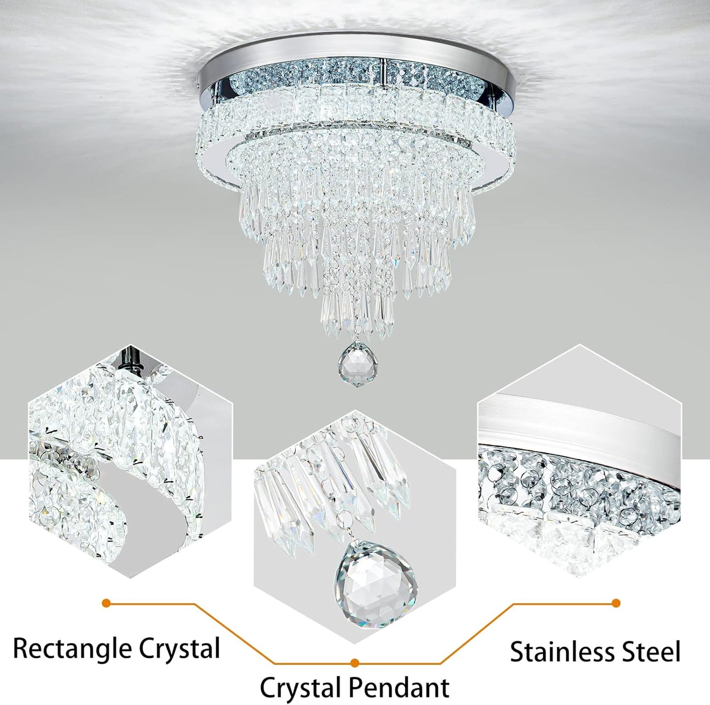 16“ Crystal Chandeliers Round Modern LED Chandelier Light Flush Mount Ceiling Light Fixtures with Remote Control for Bedroom Living Room Dining Room (dimmable)