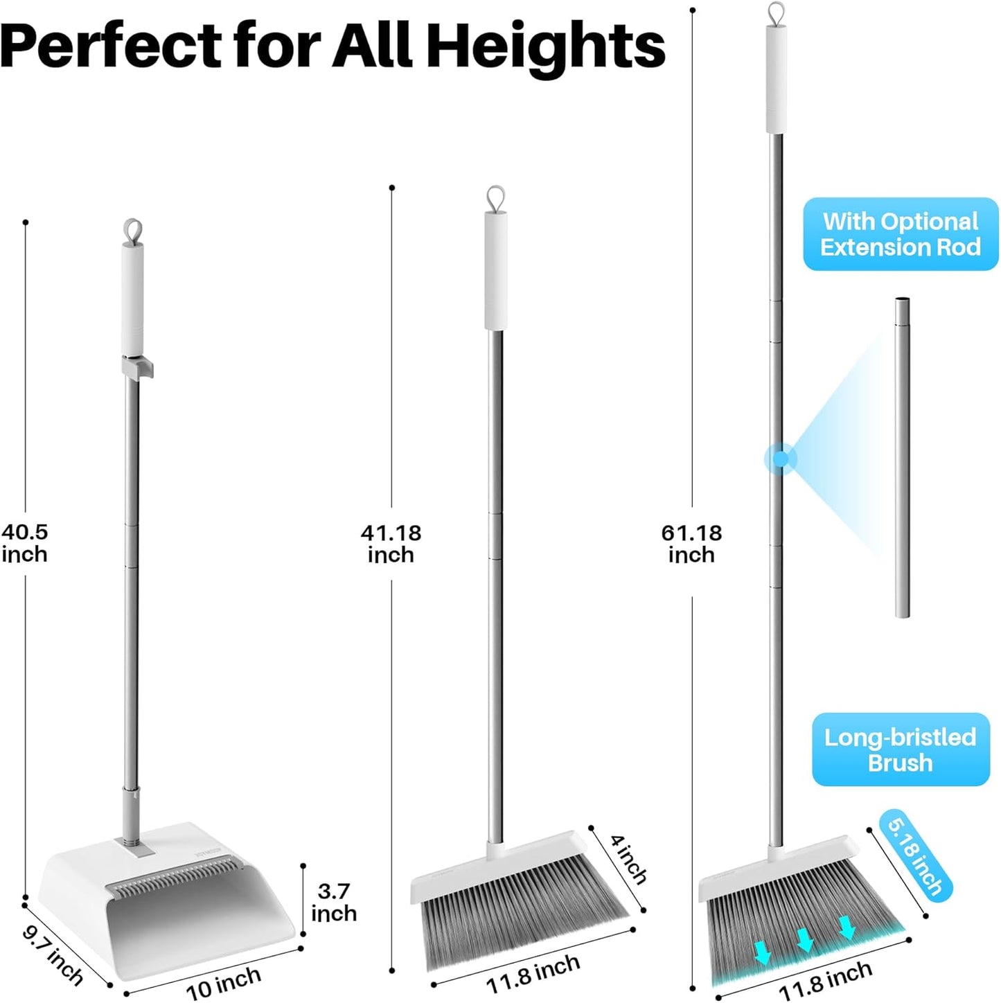JOYMOOP White Broom and Dustpan Set, Upright Angle Design with Built-in Comb Teeth for Kitchen, Office, Pet Hair, Hard Floors