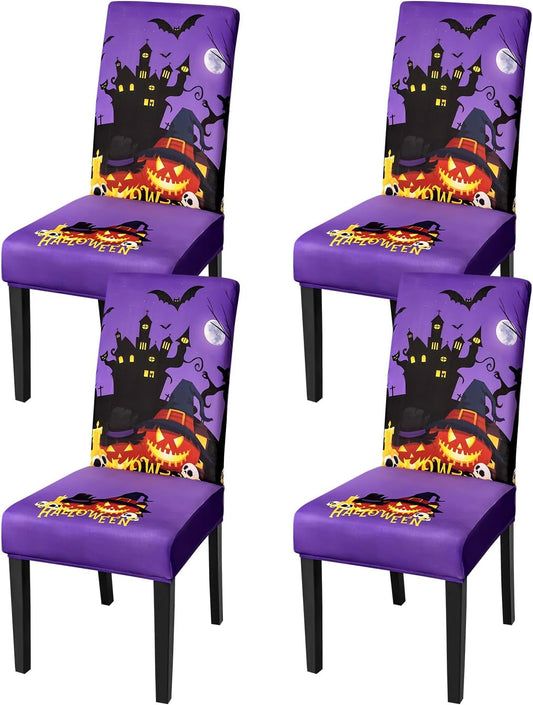 JQinHome Purple Halloween Chair Slipcover, Castle Chair Covers Set of 4, High Stretch Washable Chair Protector Cover for Dining Room, Kitchen,Home Party,Wedding Ceremony(Purple,4PC)