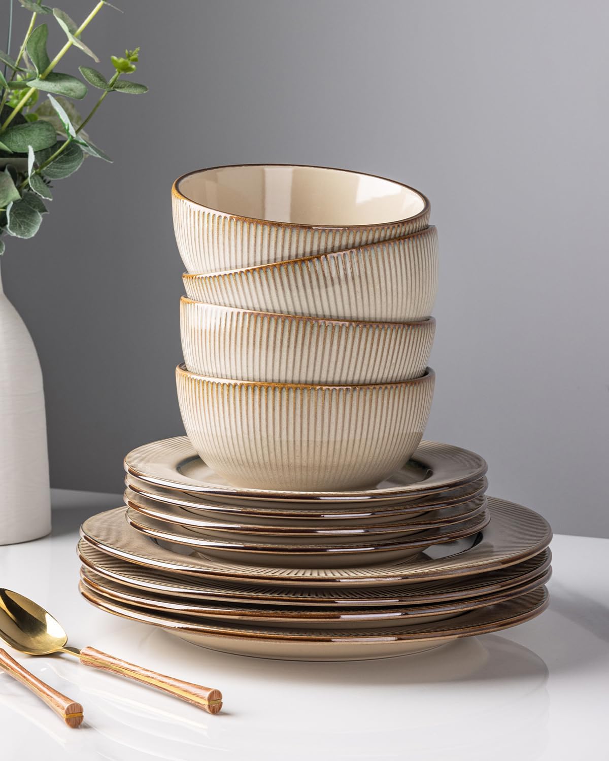 GBHOME Ceramic Dinnerware Sets,12 pcs Embossed Elegant Stoneware Plates and Bowls Sets, Housewarming Wedding Gift | Dishwasher & Microwave Safe | Dishes Set Service for 4