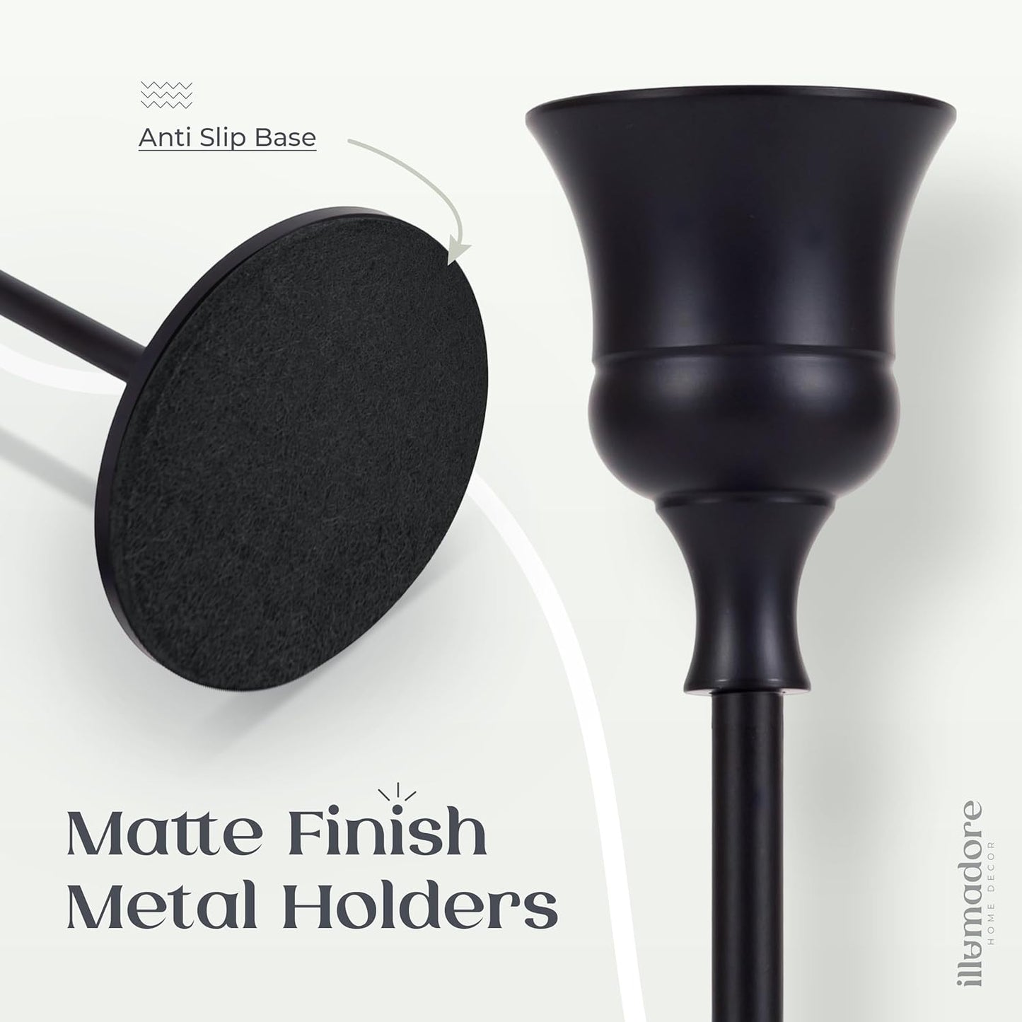 Black Candlestick Holders | Set of 3 | Metal with Matte Finish | 3 Different Sizes | Taper Candles Included | Decorative Centerpiece for Wedding, Christmas, Fireplace Mantel, Dining Table