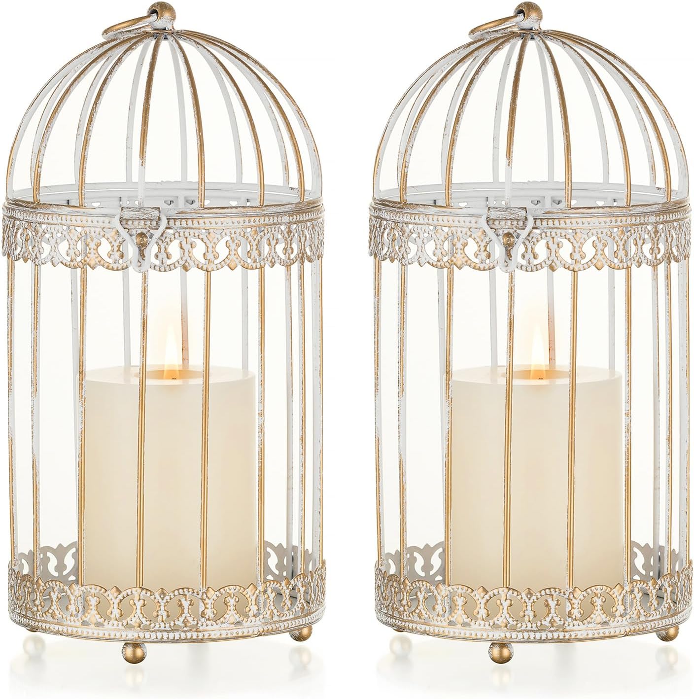 NUPTIO Decorative Bird Cage Lantern: 2 Set of 10 inch Tall Rustic White Birdcage Lanterns Centerpiece Vintage Decorating Metal Pillar Candle Holder for Christmas Bridal Shower Party Decor