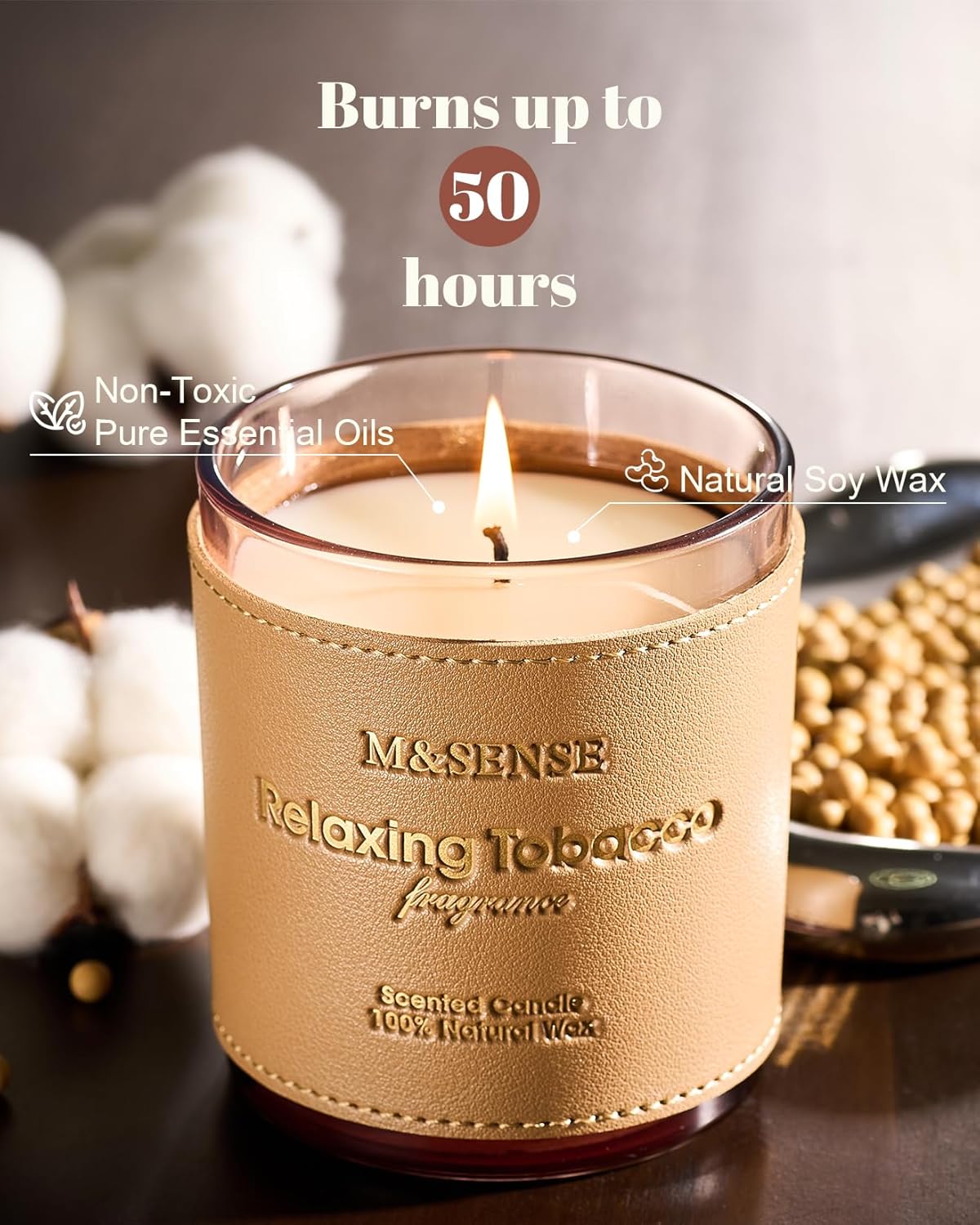 M&SENSE Cinnamon Tobacco Scented Candles,Vegan Soy Wax Candle,10oz 42-Hour Slow Burning Time,No Toxin Naturally Scented Home Fragrance for Stress Relief in Sleep & Living Rooms,Gifts for Dad Man