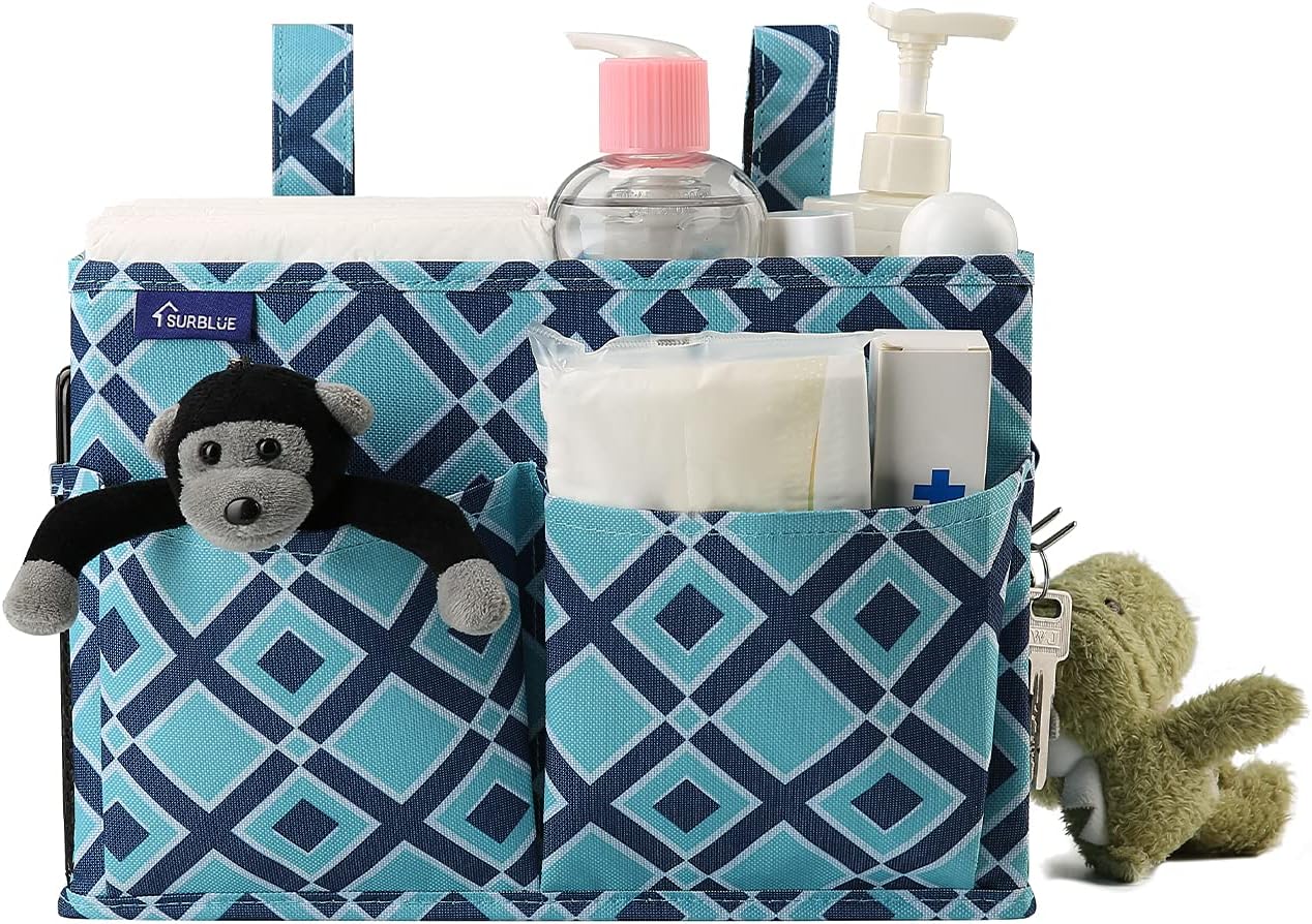 Surblue Caddy Hanging Organizer Bedside Storage Bag for Bunk and Hospital Beds, Blueplaid, Small