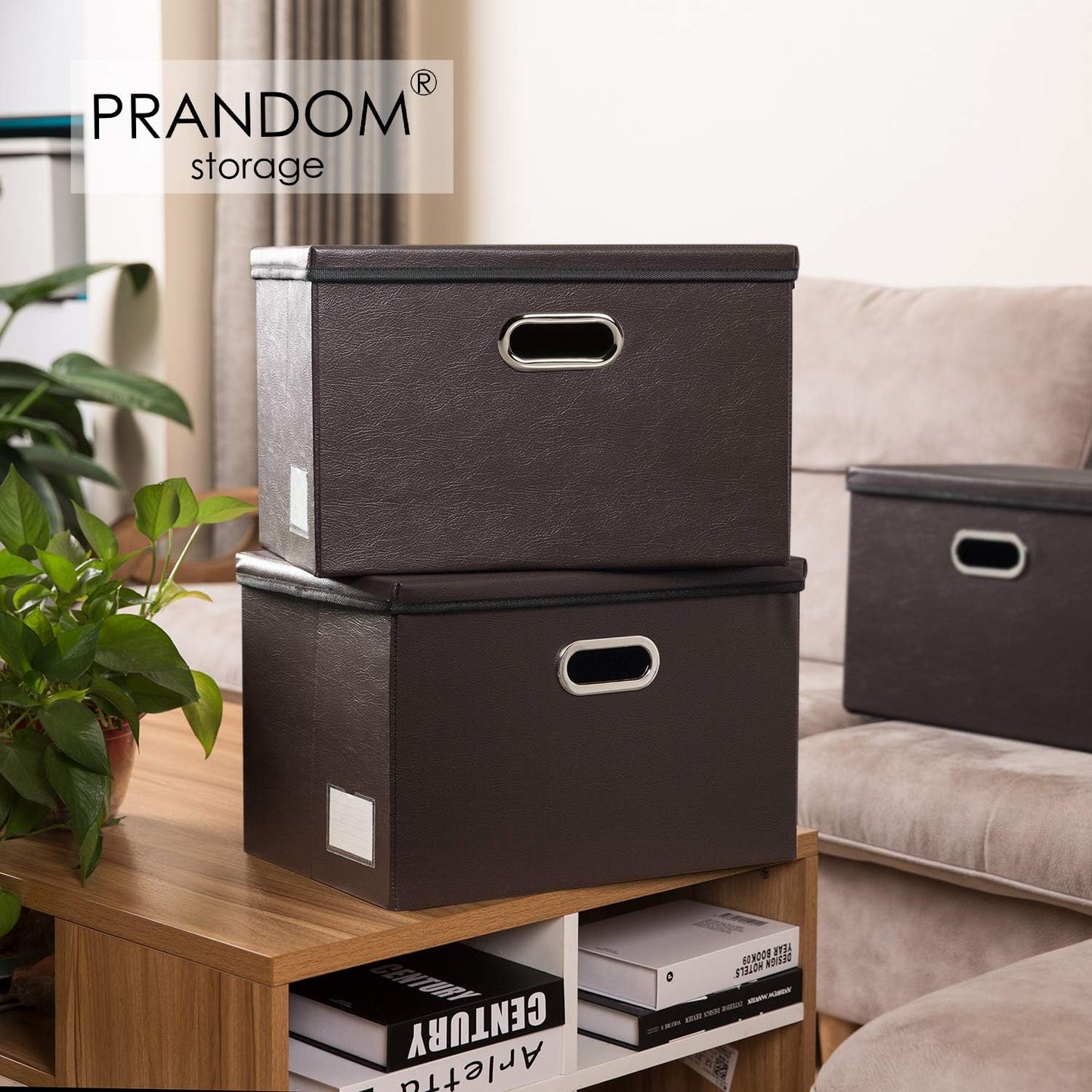 PRANDOM Foldable Storage Bins with Lids [5-Pack] Leather Fabric Collapsible Storage Boxes Organizer Containers Baskets Cube with Cover for Bedroom Closet Office Nursery Brown (14.9x10.8x10)