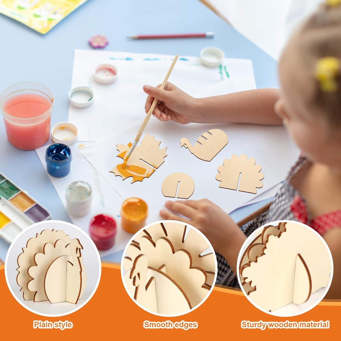 COCHIE DIY 3D Turkey Thanksgiving Wood Crafts to Paint for Kids Adults, Paintable Unfinished Wooden Slices for Craft, Fall Cutouts Ornaments for Painting Decorations 24 PCS Formed Into 6 Turkeys