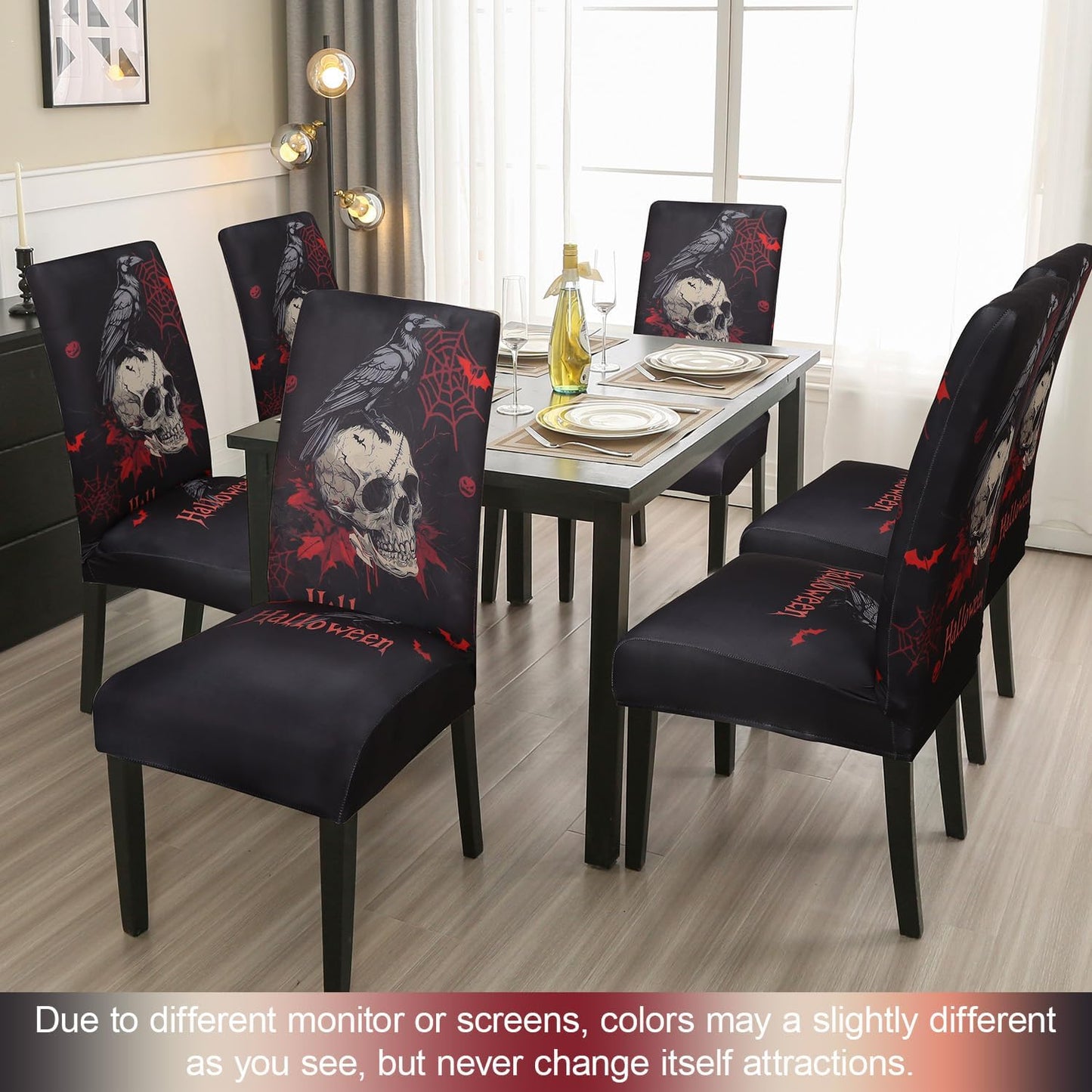 JQinHome Black Halloween Chair Slipcover,Skull Chair Covers Set of 4, High Stretch Washable Chair Protector Cover for Dining Room, Kitchen,Home Party,Wedding Ceremony(Skull Black,4PC)