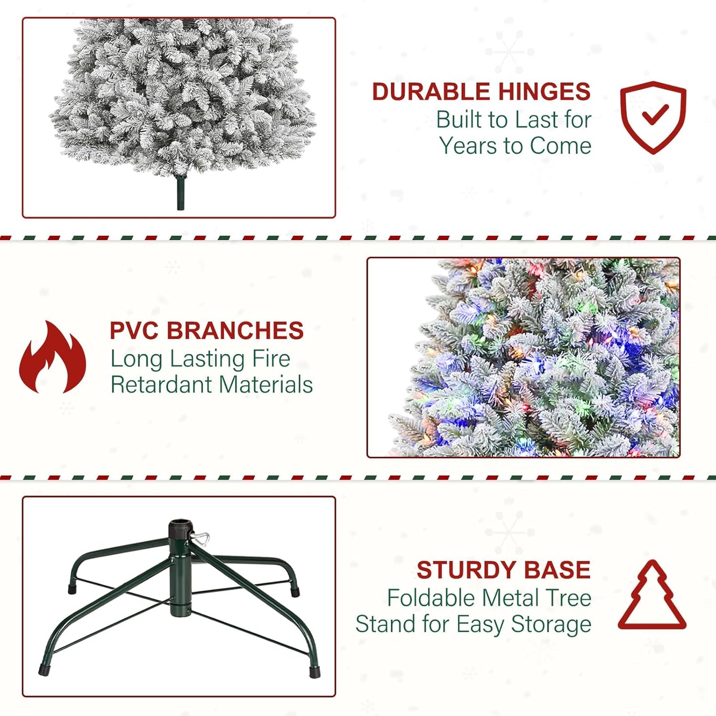 6ft Lighted Artificial Christmas Tree, 250 Multicolor LED Lights, Snow Flocked Christmas Tree with 1032 PVC Tips, Metal Base & Hinged Branches for Holiday, 10 Modes