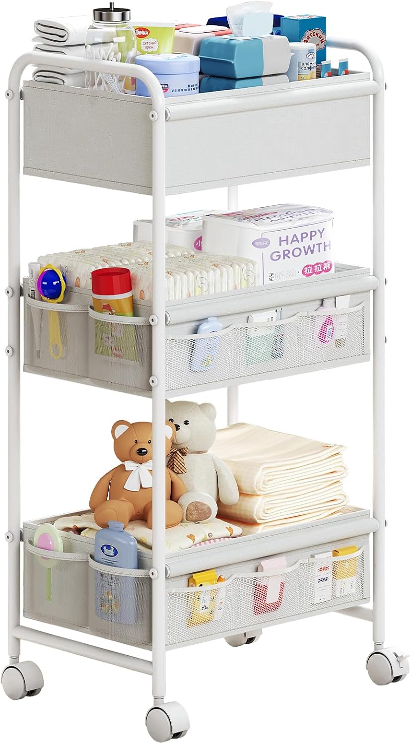 3-Tier Baby Diaper Caddy Cart Organizer,Mobile Nursery Organization with Wheels,with 2 Dividers & 14 Mesh Pockets Durable Metal Utility Cart for Nursery, Bedroom, Bathroom Essentials Organization