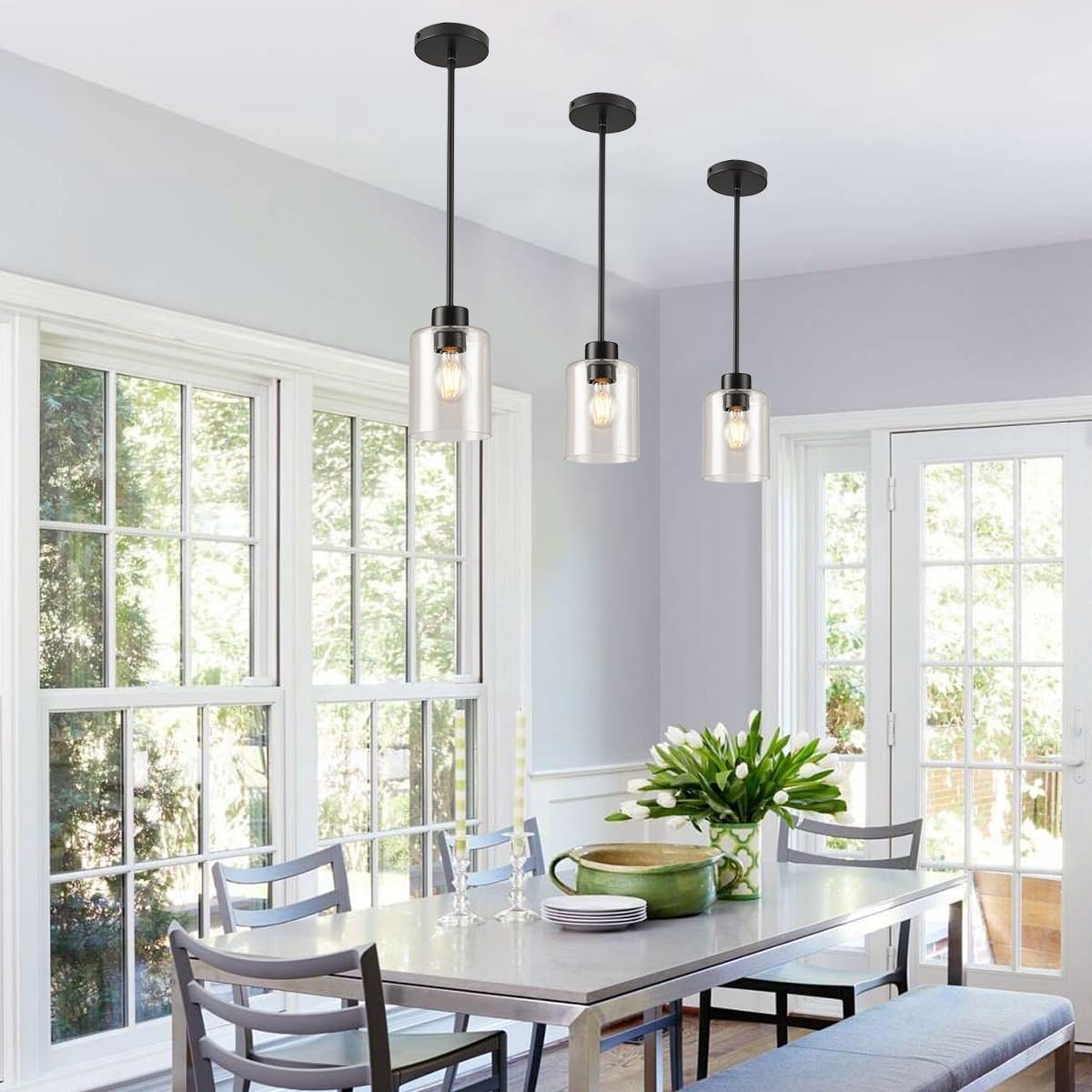 Black Pendant Lights Kitchen Island - Seeded Glass Pendant Light Fixture Multiple Stems Rods (3 Pack with Rod seeded Glass)