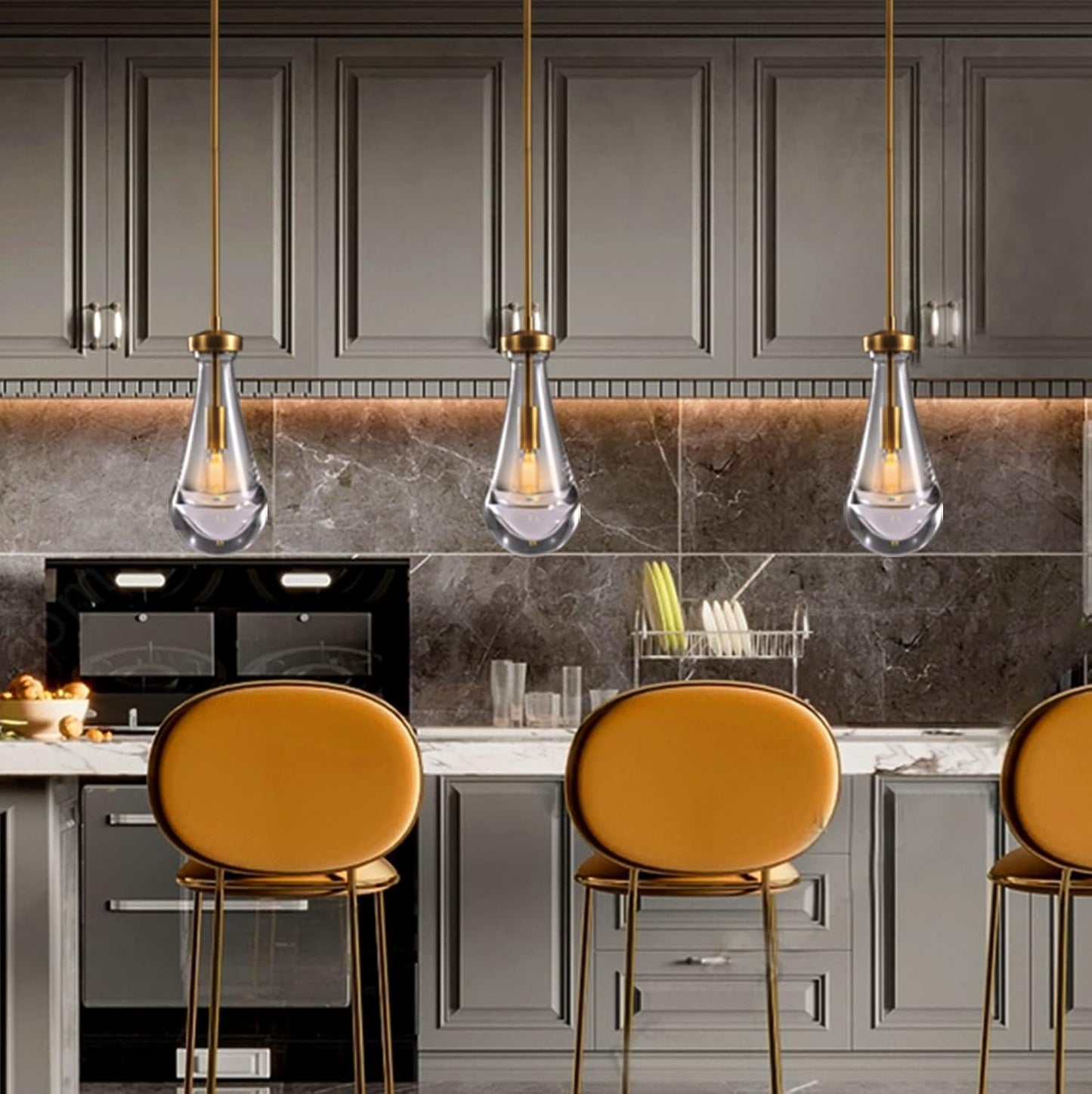 Raindrop Pendant Lights 2 Pack, Pendant Lights for Kitchen Island, Brass Rod Dining Room Light Fixture, Raindrop Chandelier, Pendant Lights for Living Room Hallway, Including Bulb