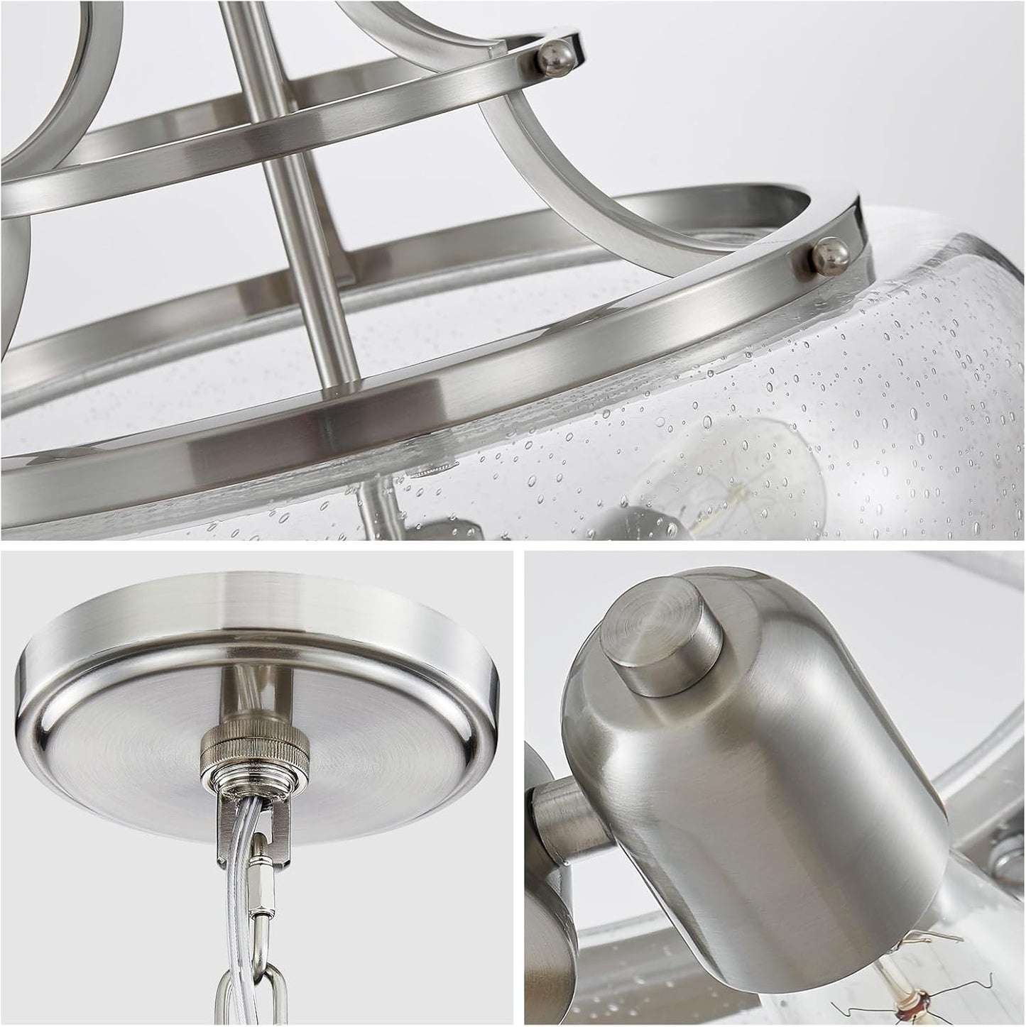 WUZUPS Chandelier Rustic Farmhouse Industrial Round Ceiling Pendant LED Light Fixture Clear Seeded Glass Shade for Dining Room Kitchen Island Foyer Entryway, H 20.9" x W 15.9", Brushed Nickel