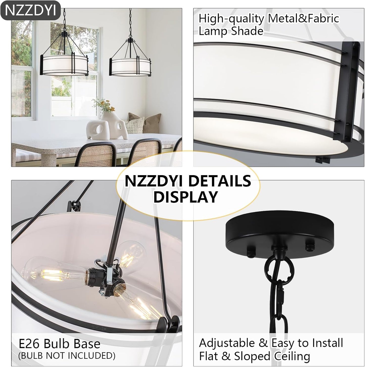 16.3''Black Drum Chandelier 3-Light Modern Farmhouse Chandelier with White Fabric Shade Adjustable Drum Pendant Light Fixture for Dining Room Kitchen Island Hallway Living Bedroom