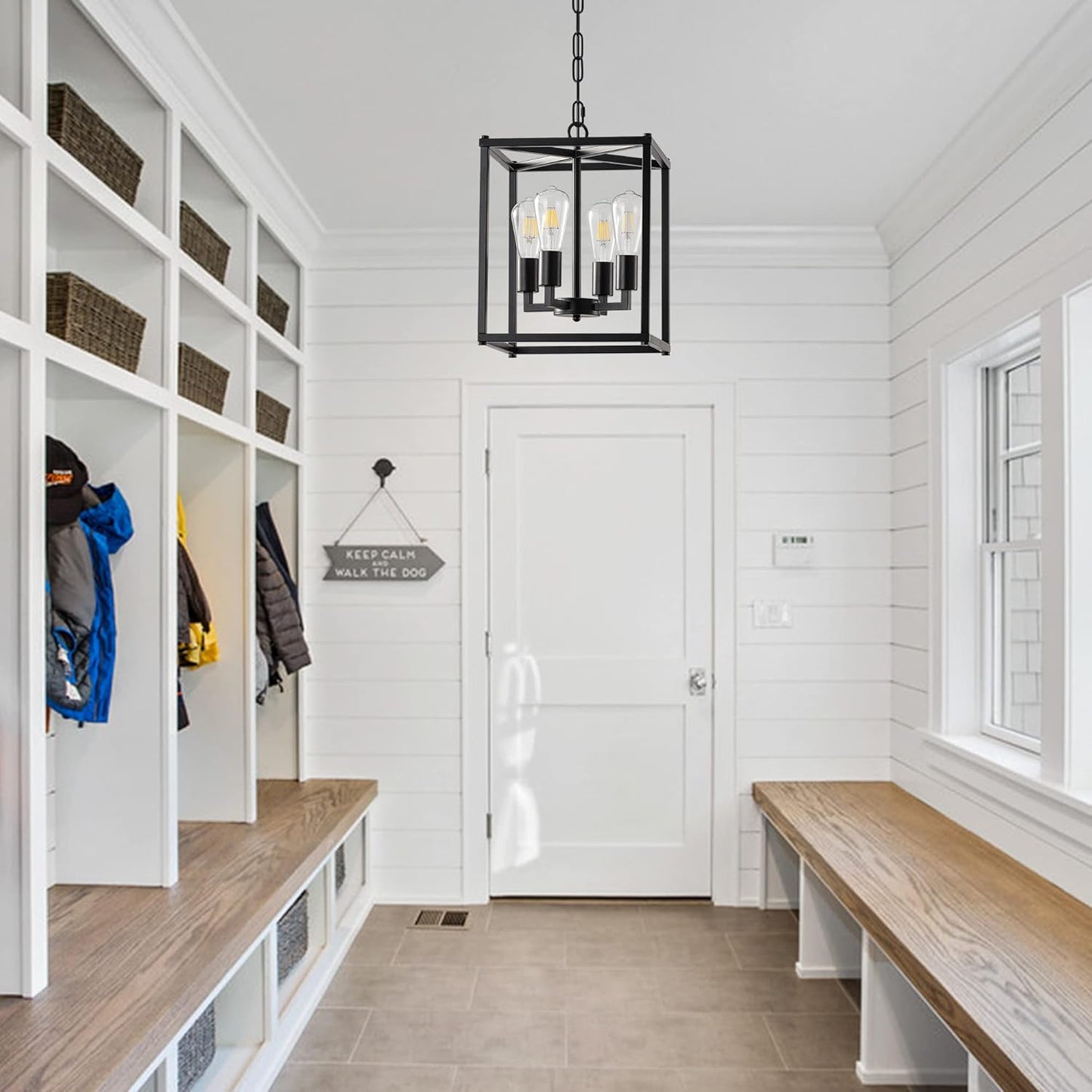 Lantern Pendant Light, 4-Light Black Chandelier,Modernized Ceiling Hanging Light Fixture for Bedroom Kitchen Island Foyer Living Room Dining Room Hallway