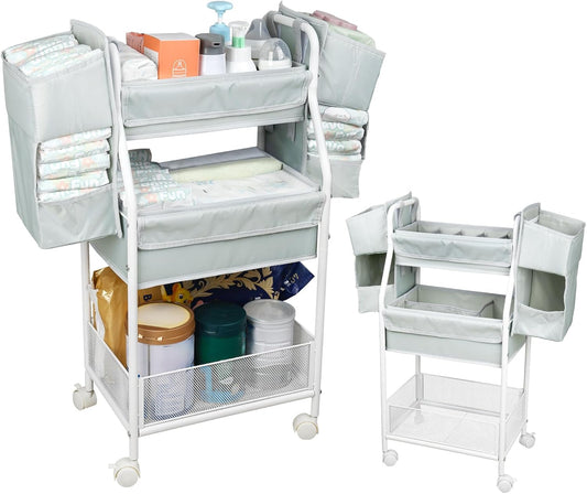 Moteph Rolling Utility Cart with Side Storage - Diaper Organizer, Nursery Essentials, and Craft Organizer (with_Side_Storage)