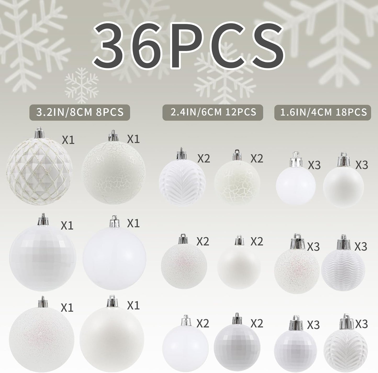 LANGXUN 36pcs White Christmas Tree Decorations Balls, Bolas De Navidad, 2025 Christmas Decor, Indoor Outdoor Shatterproof Christmas Ornaments, Xmars Party Wedding Suppiles