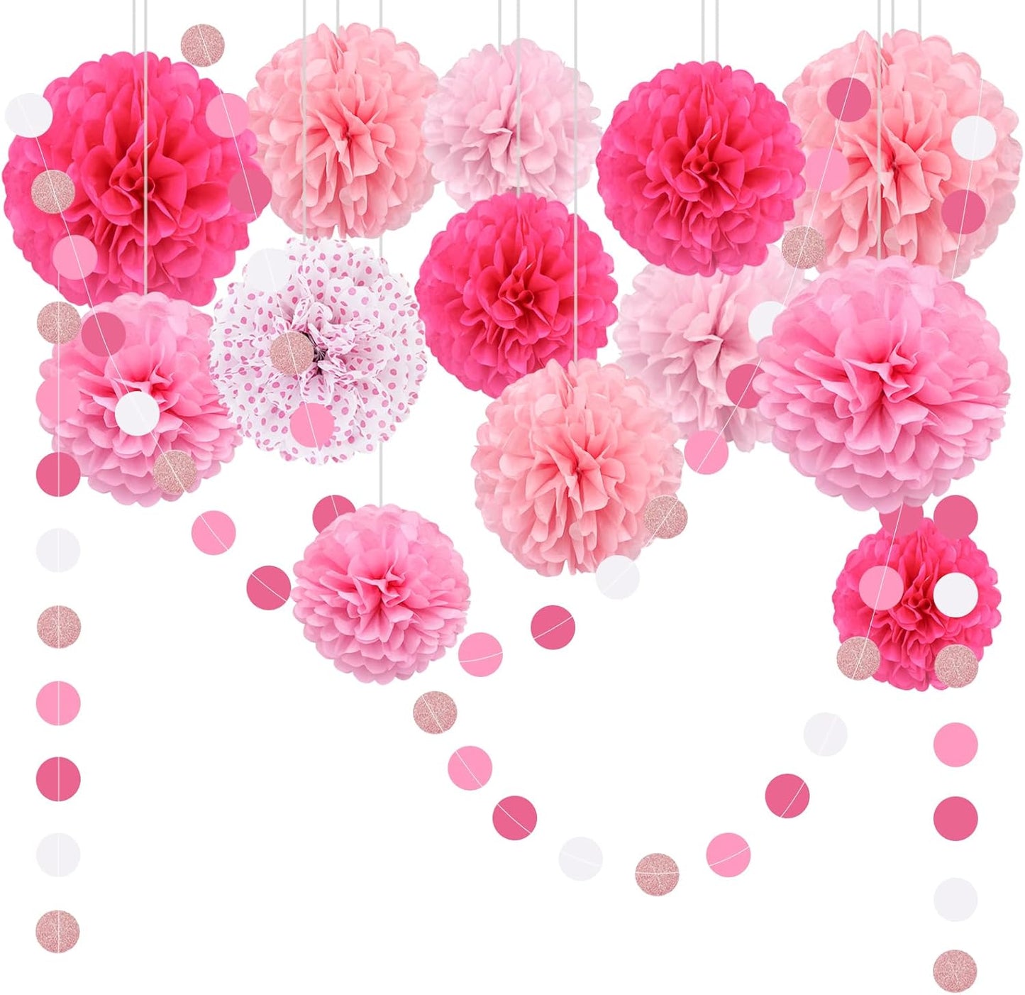 Pink Party Decorations,16 PCS Tissue Paper Pom Poms Dots Paper Garland Hanging Decoration for Pink Theme Birthday Decorations Bridal Shower Wedding Engagement Gender Reveal Celebration